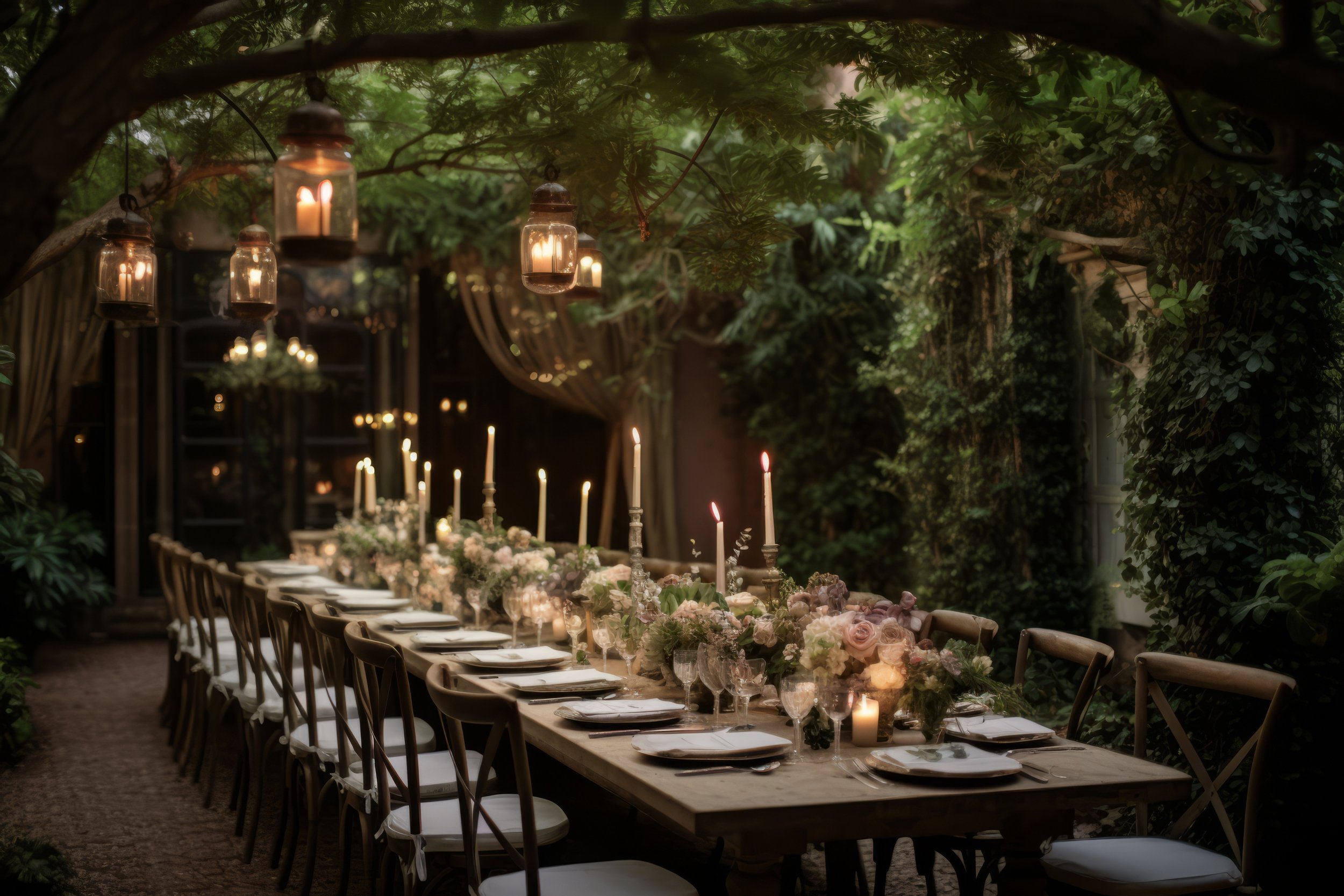 Long table set for a celebration or wedding with candles and floral arrangements in an outdoor lush, green garden with hanging lanterns.