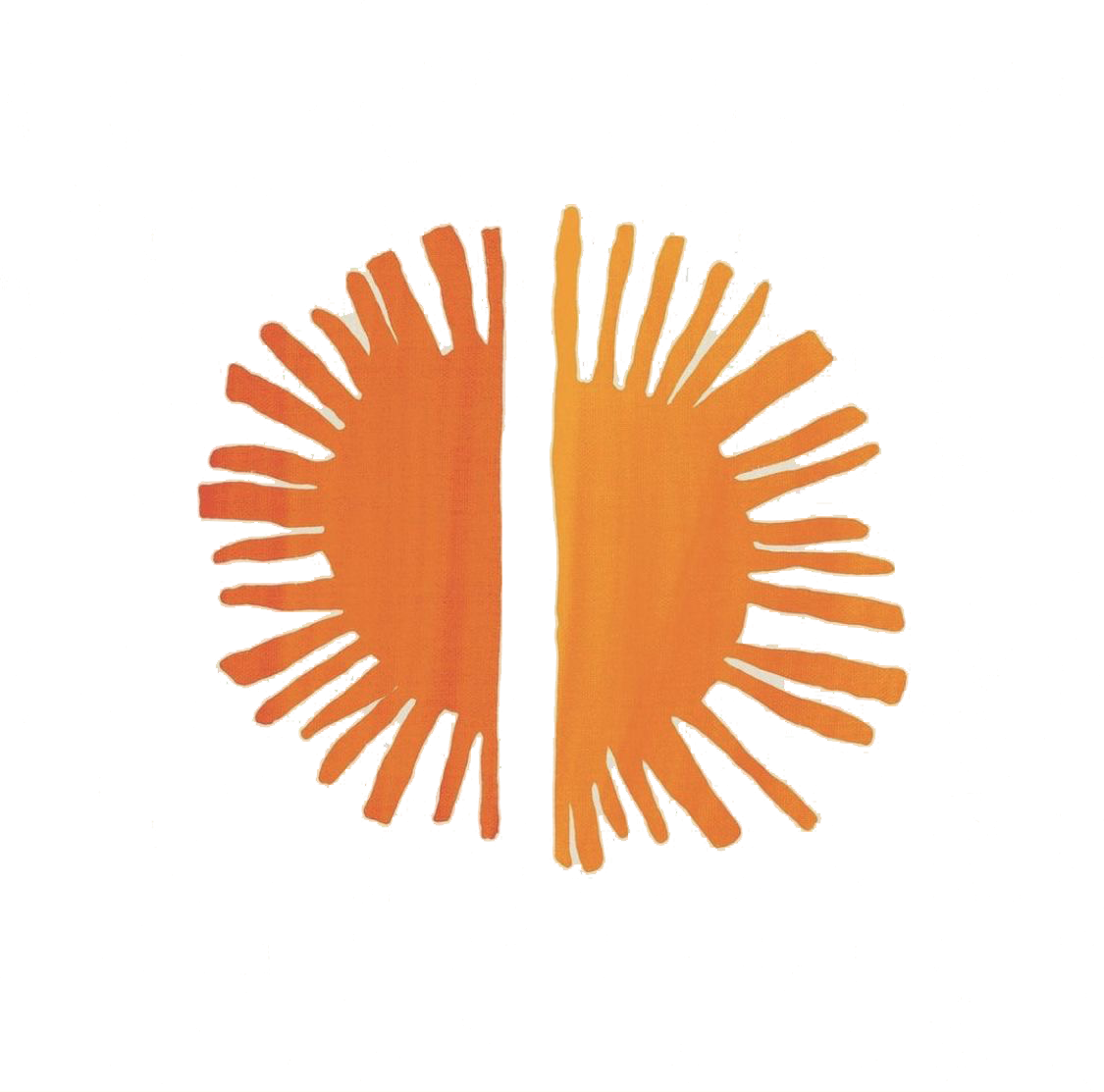An abstract artwork featuring two orange, stylized human faces looking away from each other, with radiating lines resembling sun rays around their heads, on a light background.