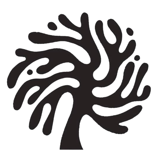A black silhouette of a tree with bare, twisting branches.