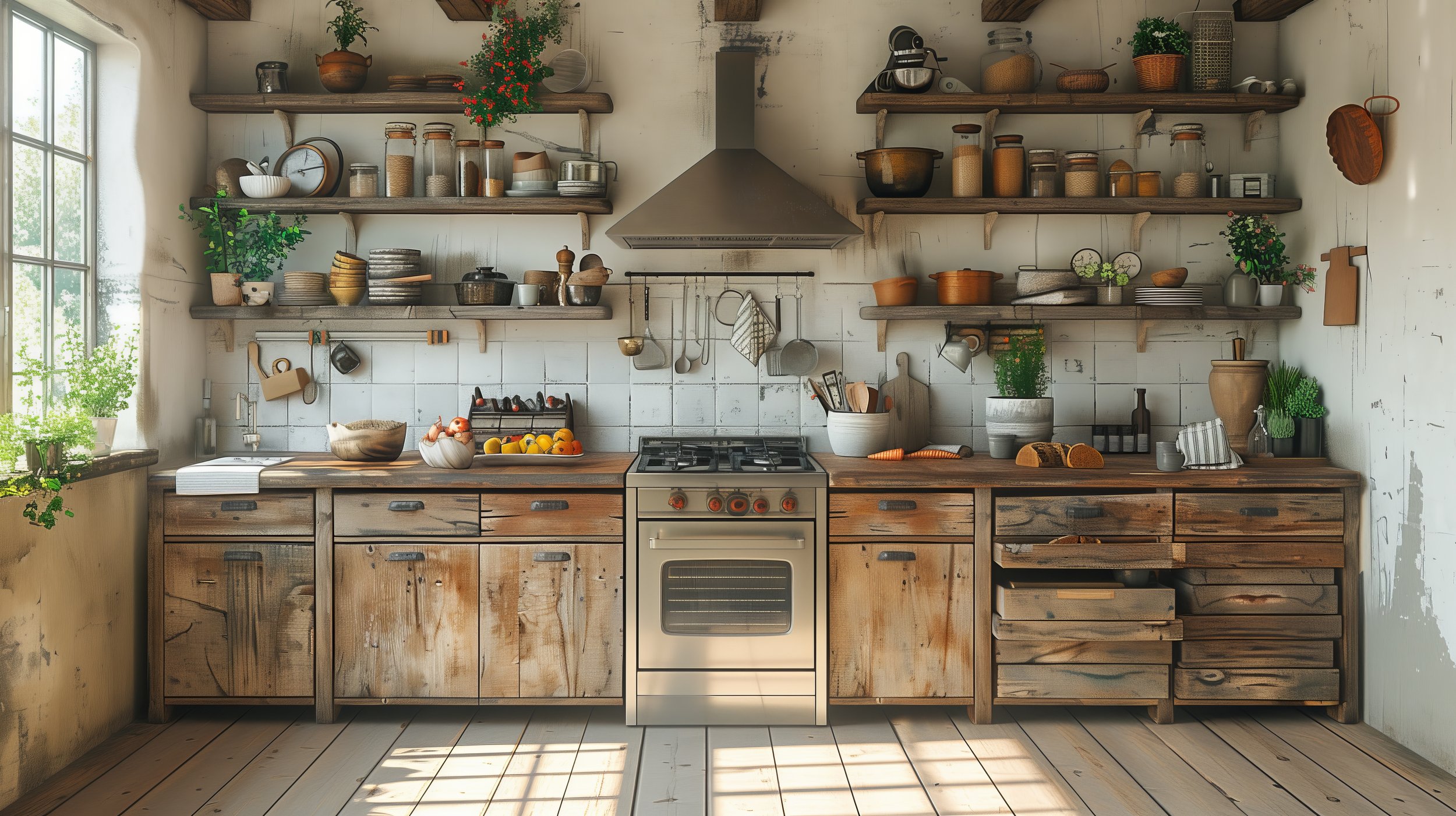 Rustic kitchen with wooden cabinets, open shelves, and a white stove, featuring various pots, pans, plants, and kitchen utensils, illuminated by natural light from a large window.