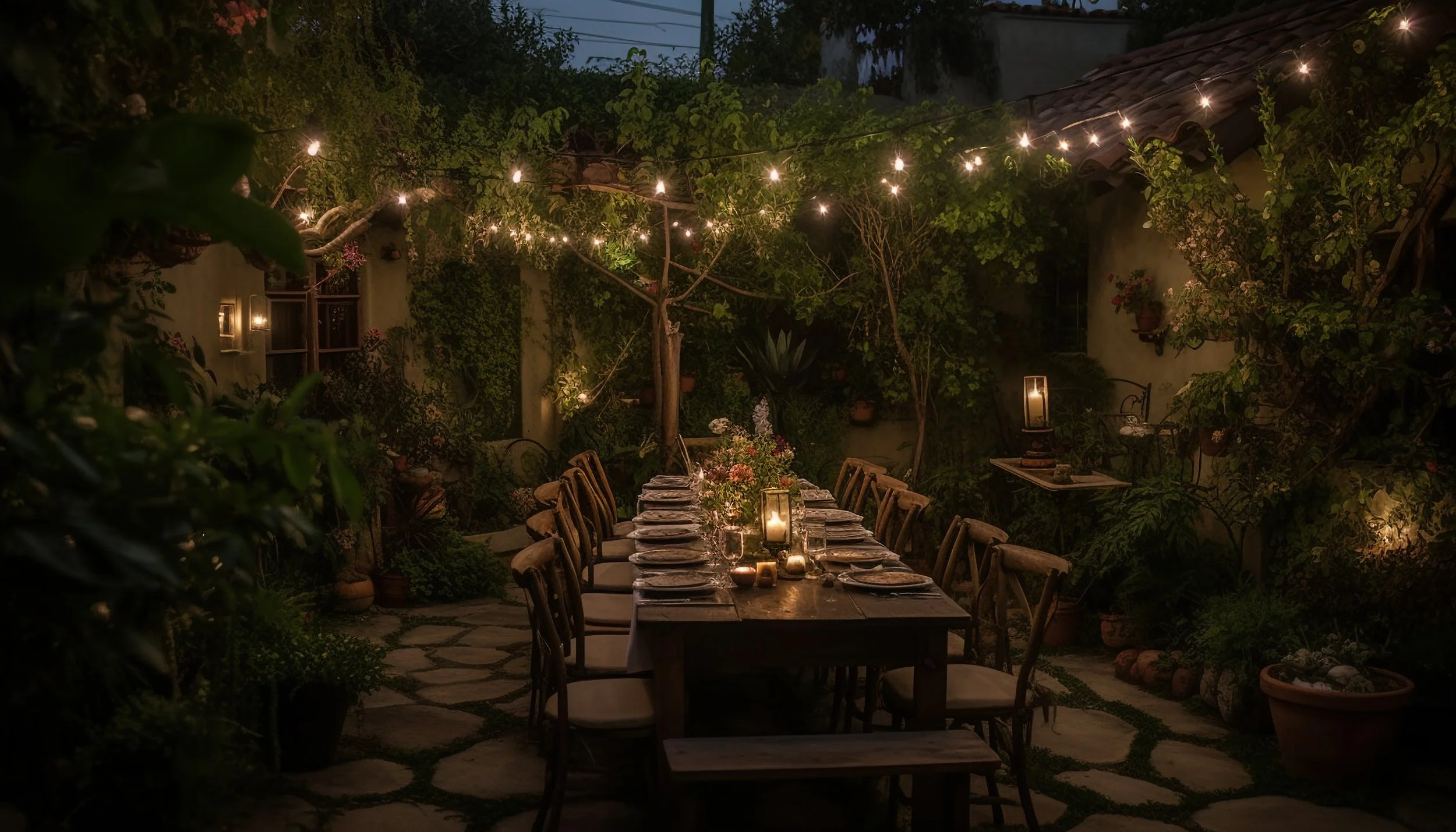 Outdoor dinner setup at night with a long table, candles, and string lights hanging from trees, surrounded by lush green plants and garden decor.