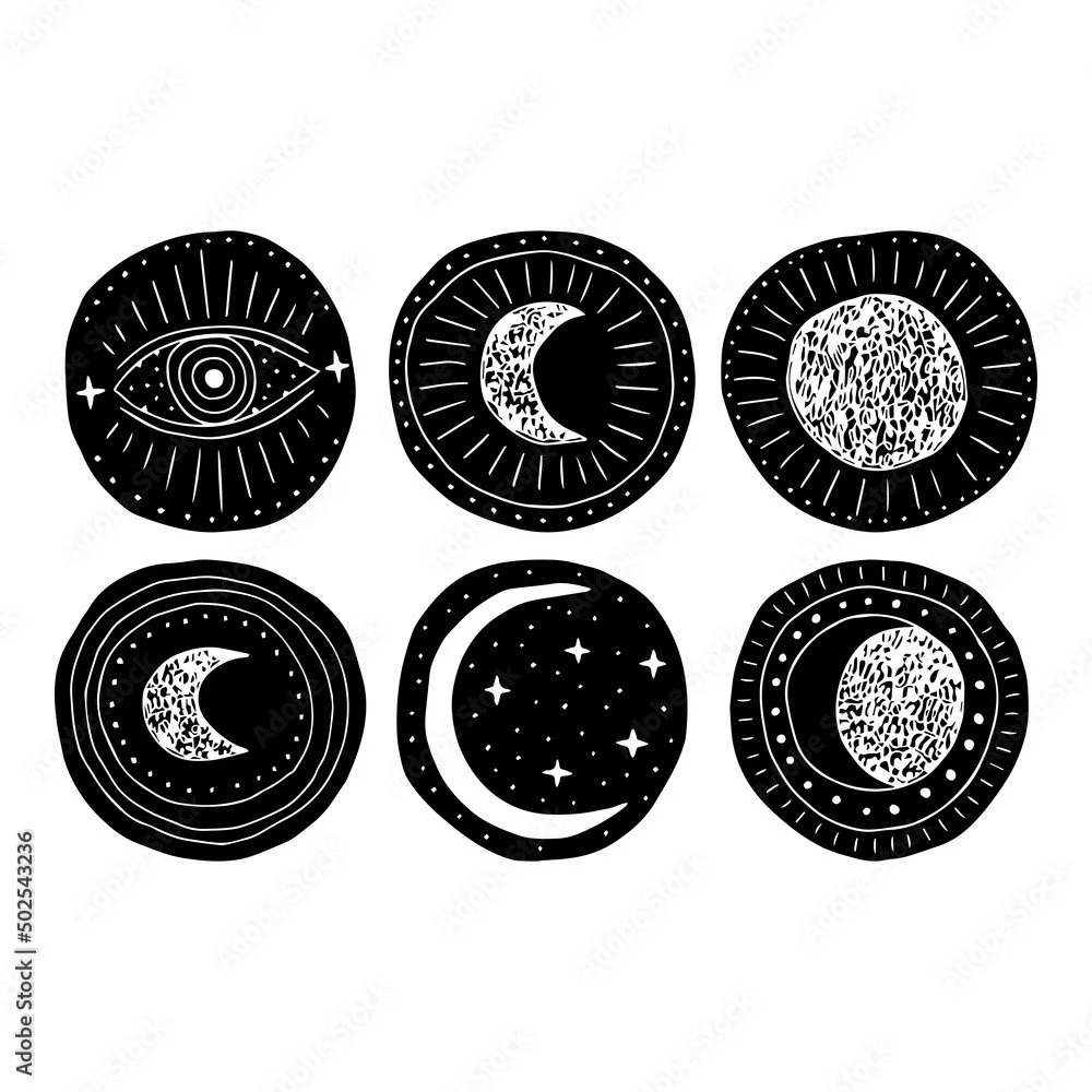 Six black circular illustrations of celestial and cosmic symbols, including eyes, moons, and stars with white line details.