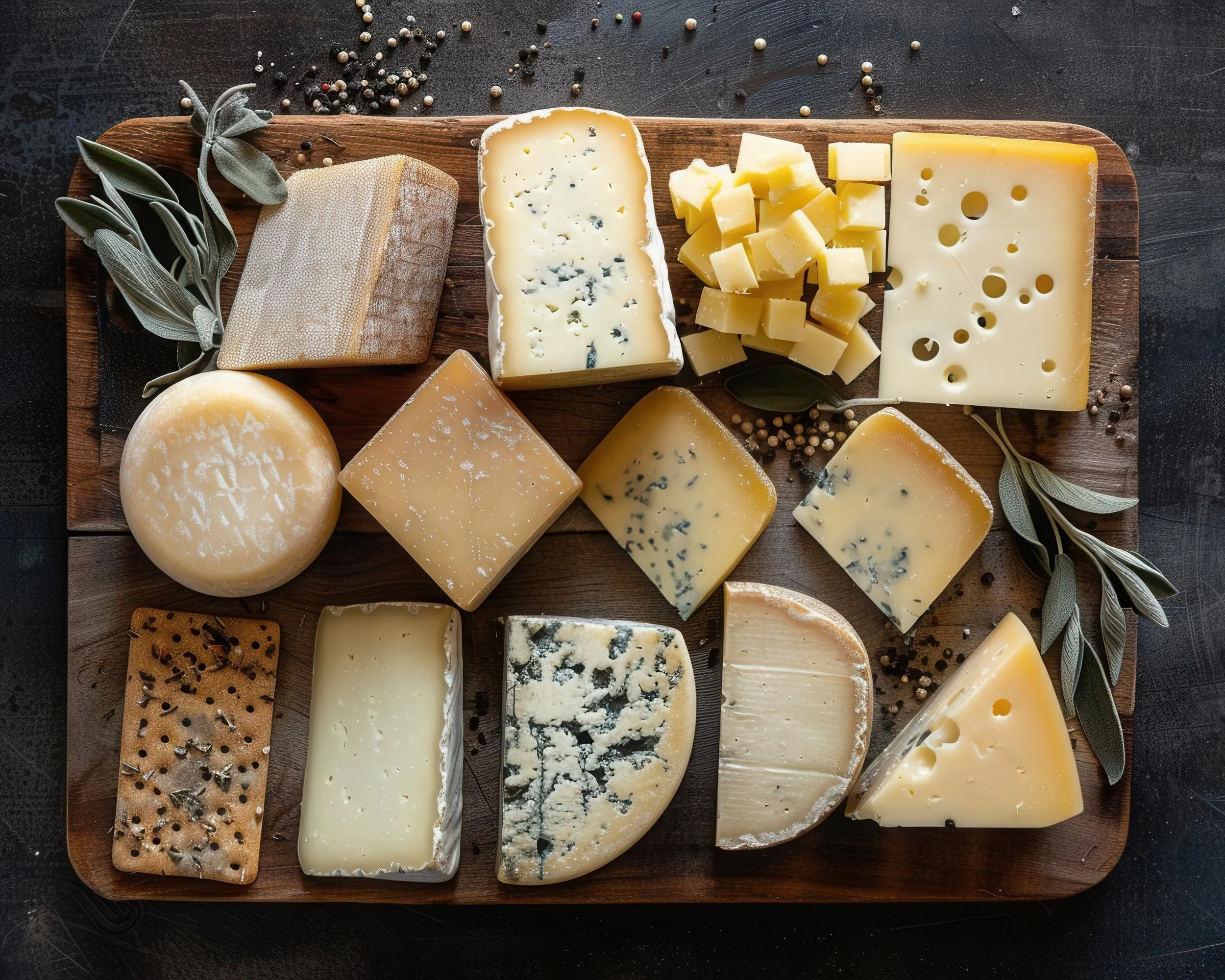 A variety of cheese blocks and wedges arranged on a wooden board, with some peppercorns and herbs scattered around.