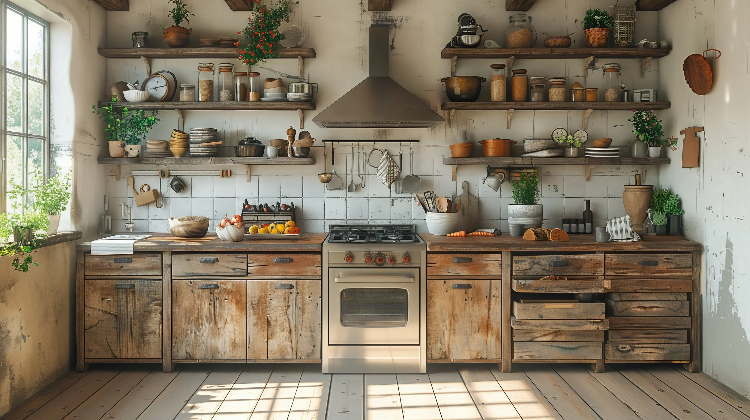 Rustic kitchen with open shelves, farm-style wooden cabinetry, stainless steel oven, and potted plants, illuminated by sunlight through a window.
