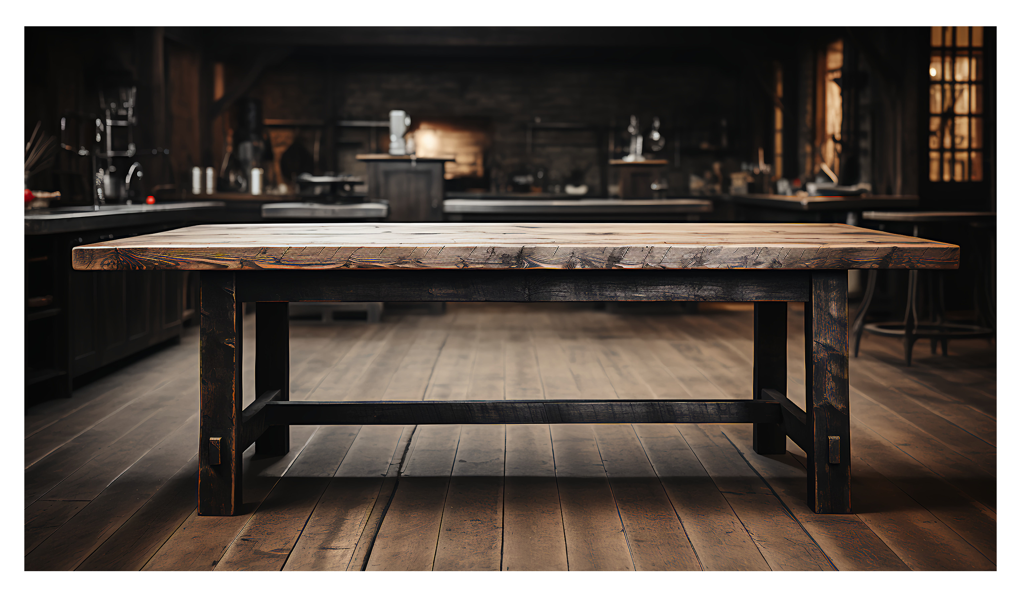 A wooden table in a rustic, dimly lit kitchen with dark wood walls and flooring, with kitchen appliances and utensils visible in the background.
