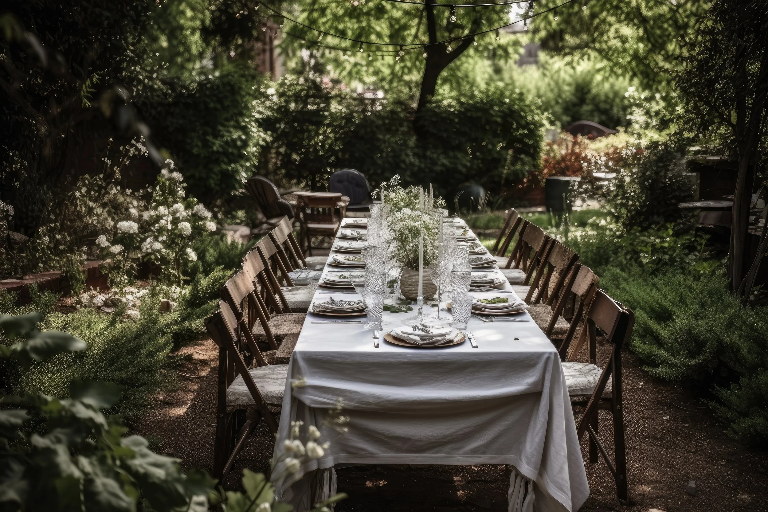 A long outdoor dining table set with white tablecloths, glassware, and floral centerpieces in a lush green garden with trees and shrubs.