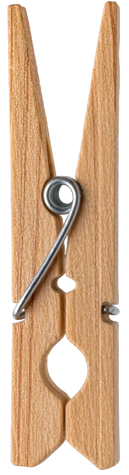 A wooden clothespin with a metal spring.