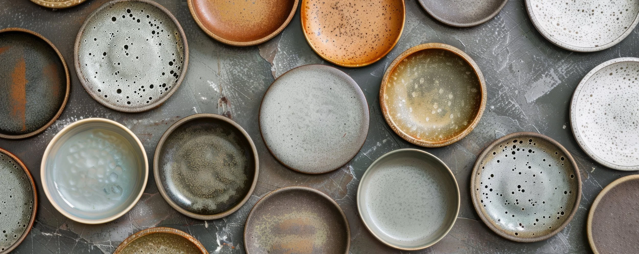 Various small ceramic bowls with different glaze colors and patterns, some with bubbles or speckles, arranged on a dark, textured surface.