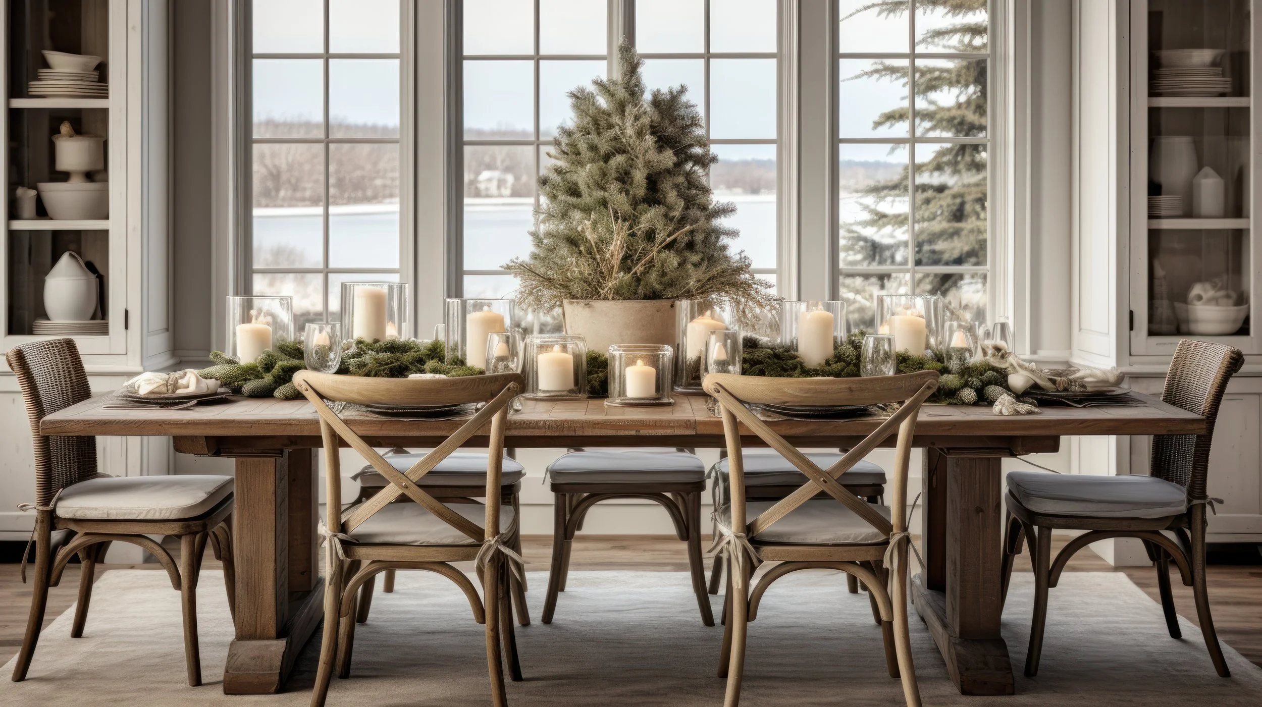 A dining room table decorated with a centerpiece of a potted evergreen tree surrounded by candles and greenery, positioned in front of large windows with a wintery landscape outside.