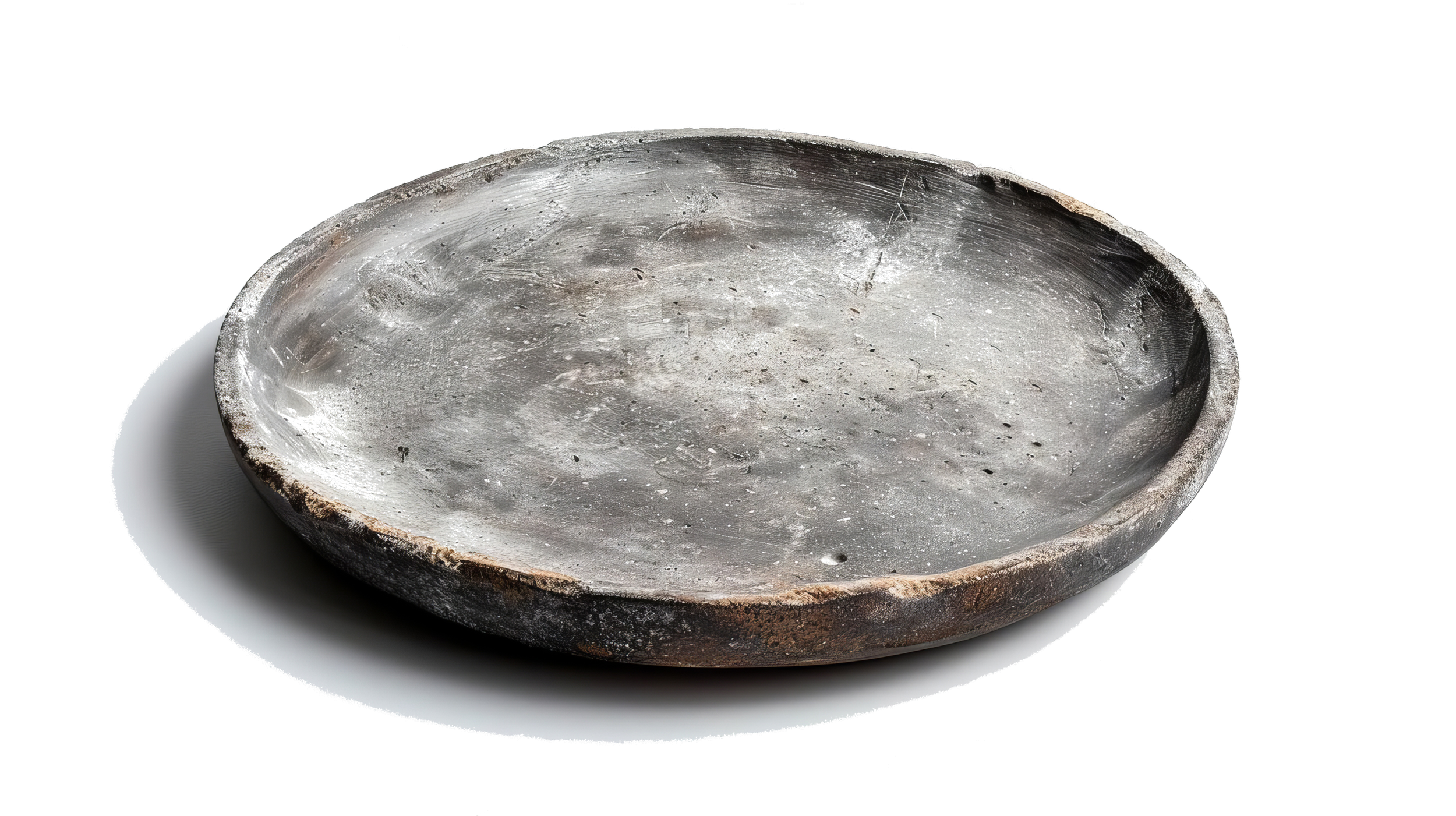 A worn, shallow, round ceramic dish with soot and dirt inside, resting on a white surface.