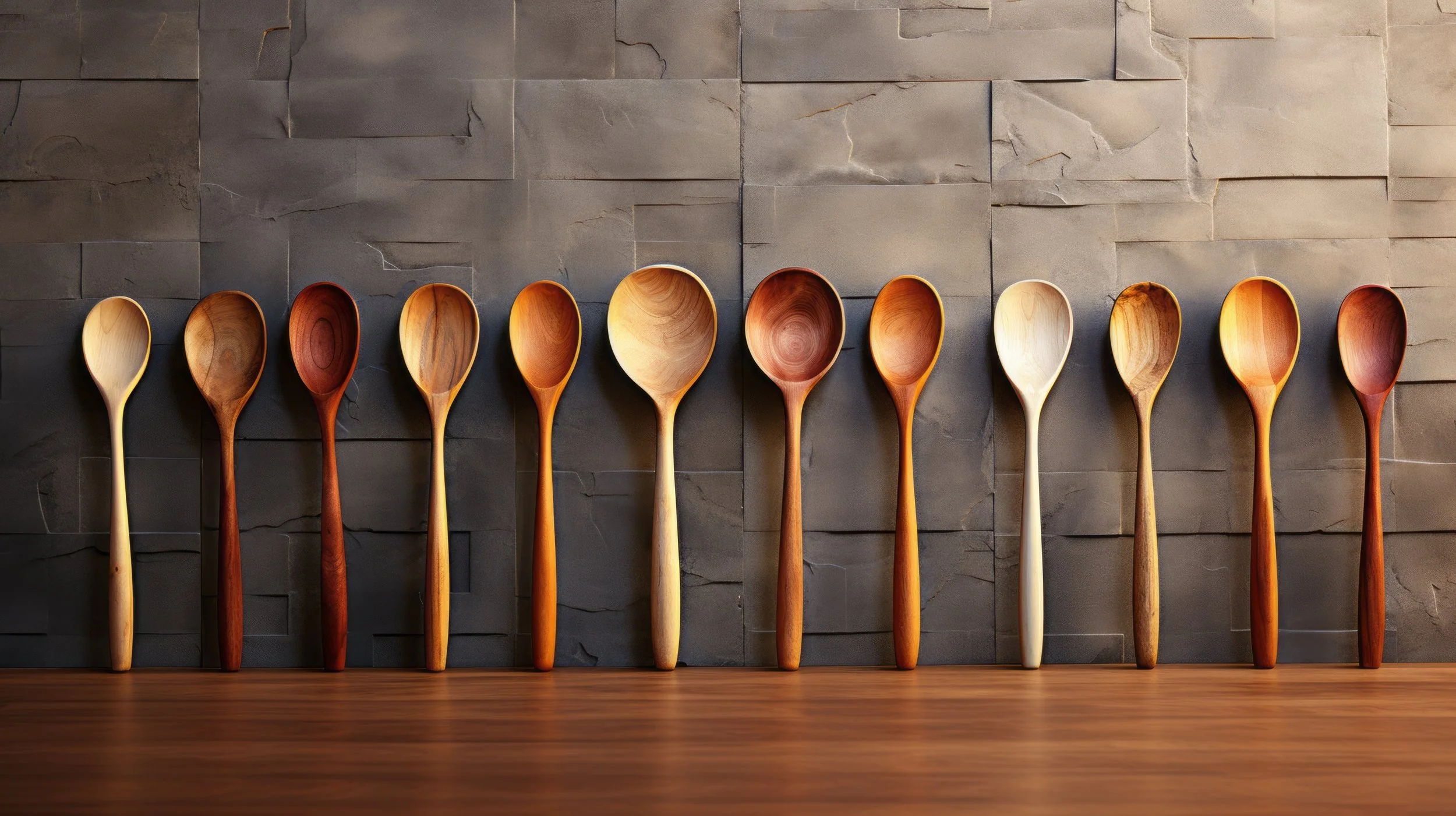A row of ten wooden spoons on a polished wooden surface, with a dark stone wall background.