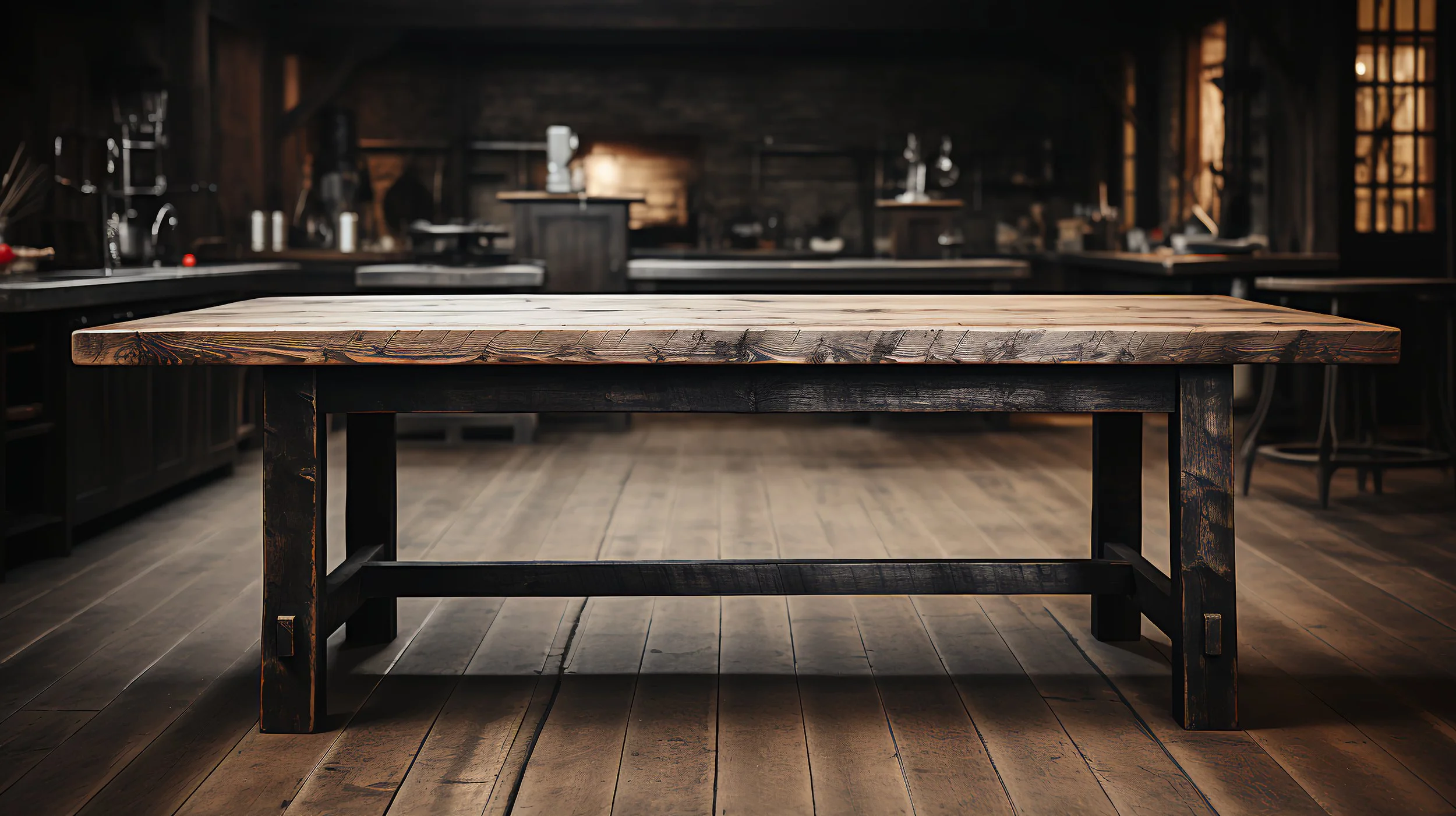 A sturdy wooden table with a rustic finish in a dimly lit, industrial-style kitchen with dark wood cabinets and flooring, and warm light coming through the windows.