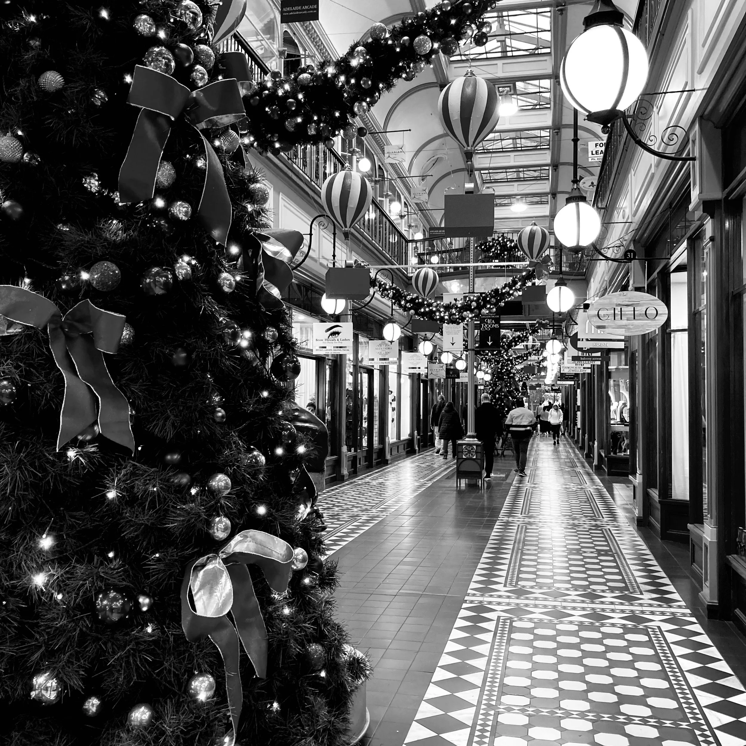 Interior of Adelaide Arcade with Christmas tree in foreground.