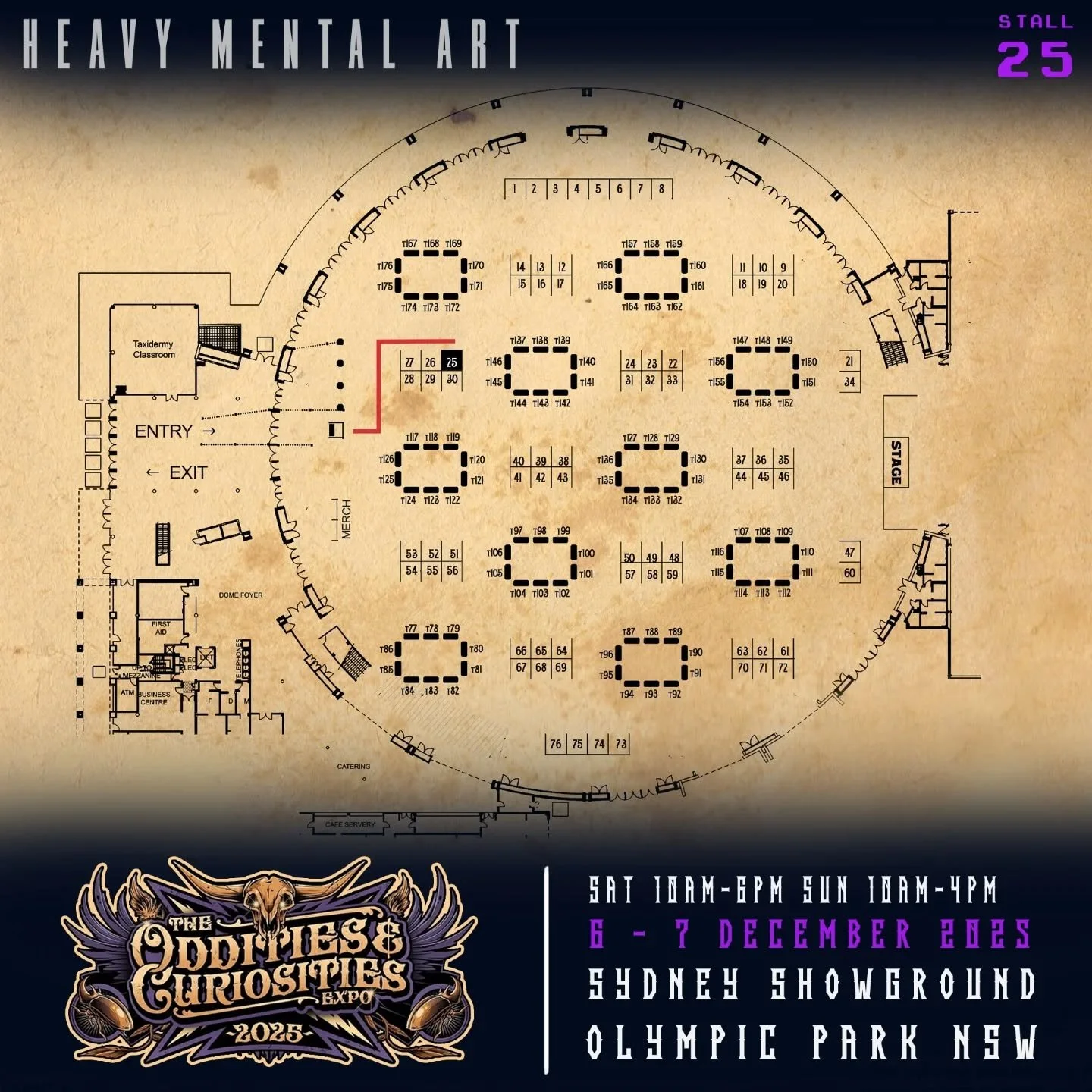 🕯 SYDNEY &ndash; Sat 6 &amp; Sun 7 Dec 2025 🕯

Here's where you can find my stall this weekend at @odditiesandcuriositiesexpo SYDNEY, Stall 25 basically right next to the entrance. My last show of the year! 🤘💀 I&rsquo;ll be there with new art, me