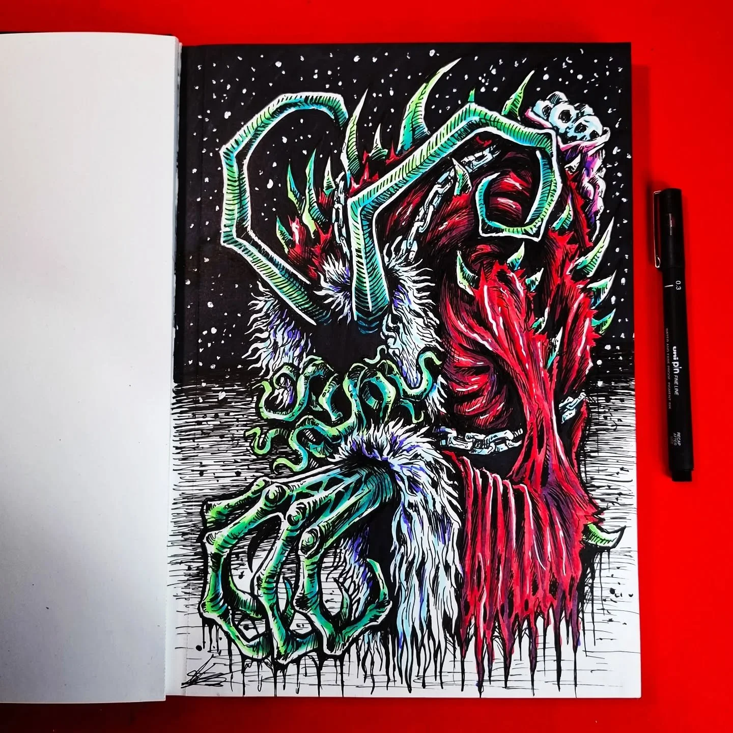 🎄 Just another shitty Xmas artwork 🎄

A quick drawing of some kind of Krampus monster. I bought a new sketchbook that I want to fill with sketches and random drawings next year, as a way to improve my drawing skills a bit more.

Anyway, Merry Chris
