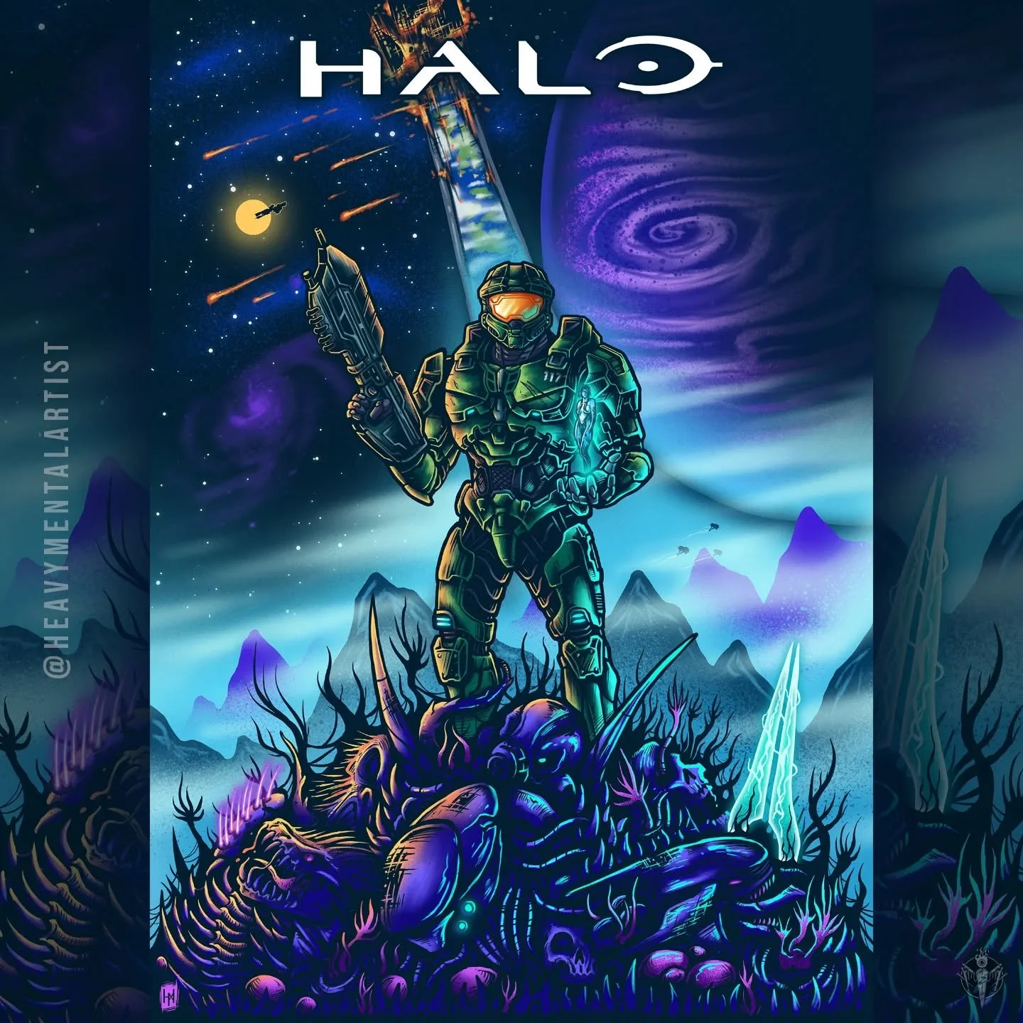HALO | The Fight Finisher 

This was a fun one, 40+ hours of drawing later! The armour almost took me out... Master Chief standing on his defeated enemies from the Covenant and the Flood. I really want to push my art further this year. So I took my t