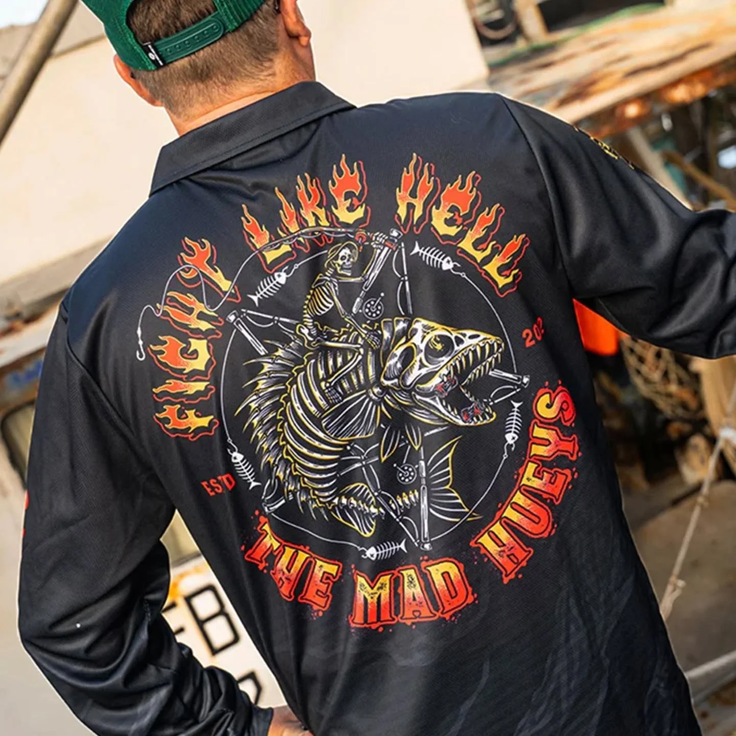 🔥 FIGHT LIKE HELL | THE MAD HUEYS ⚓️

Here's another fun design for @themadhueys men's range, and it was a bit of a challenge, but I fought like hell to finish it! Haha. They turned it into a UPF 50+ Fishing Jersey in black so you're protected from 