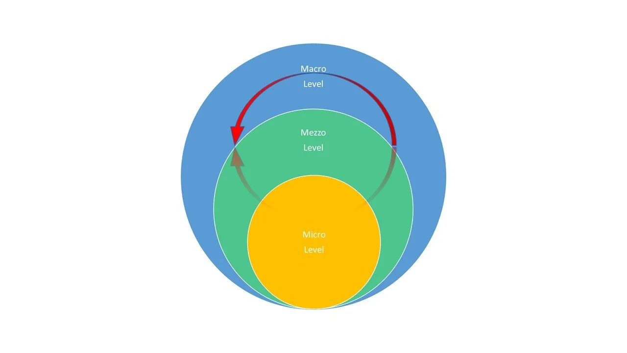 A diagram illustrating three overlapping levels: Micro (yellow), Mezzo (green), and Macro (blue). Arrows depict the interaction between the levels, with smaller to larger level transitions indicated.