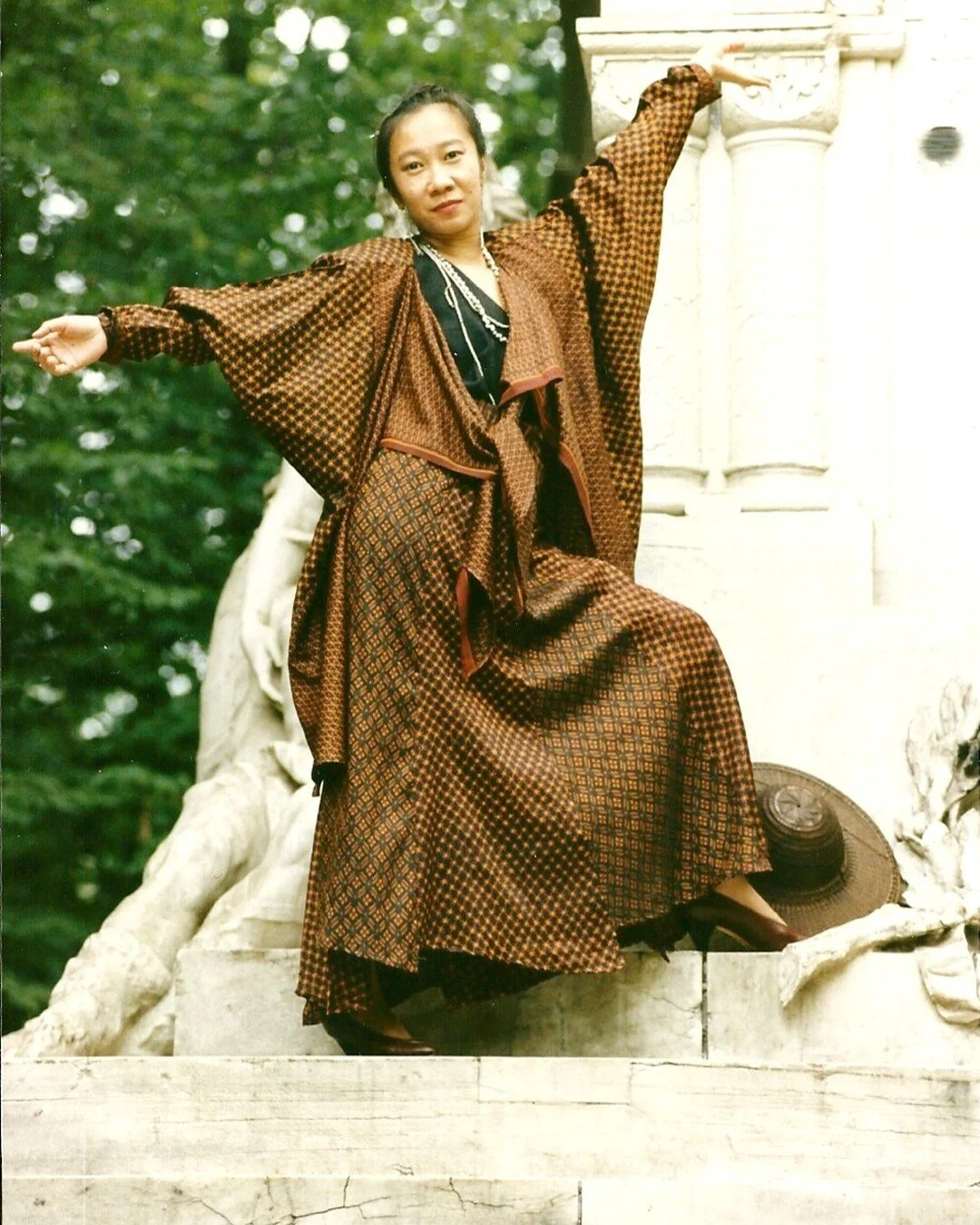 Photos from Berlin taken in the early 1980's, Nim Suanduanshai (pictured) wraps herself in various signature Prayer Textile designs. Distinct mudmee fabrics are seen in the first two images, followed by Prayer Textiles' better known Art Jacket design