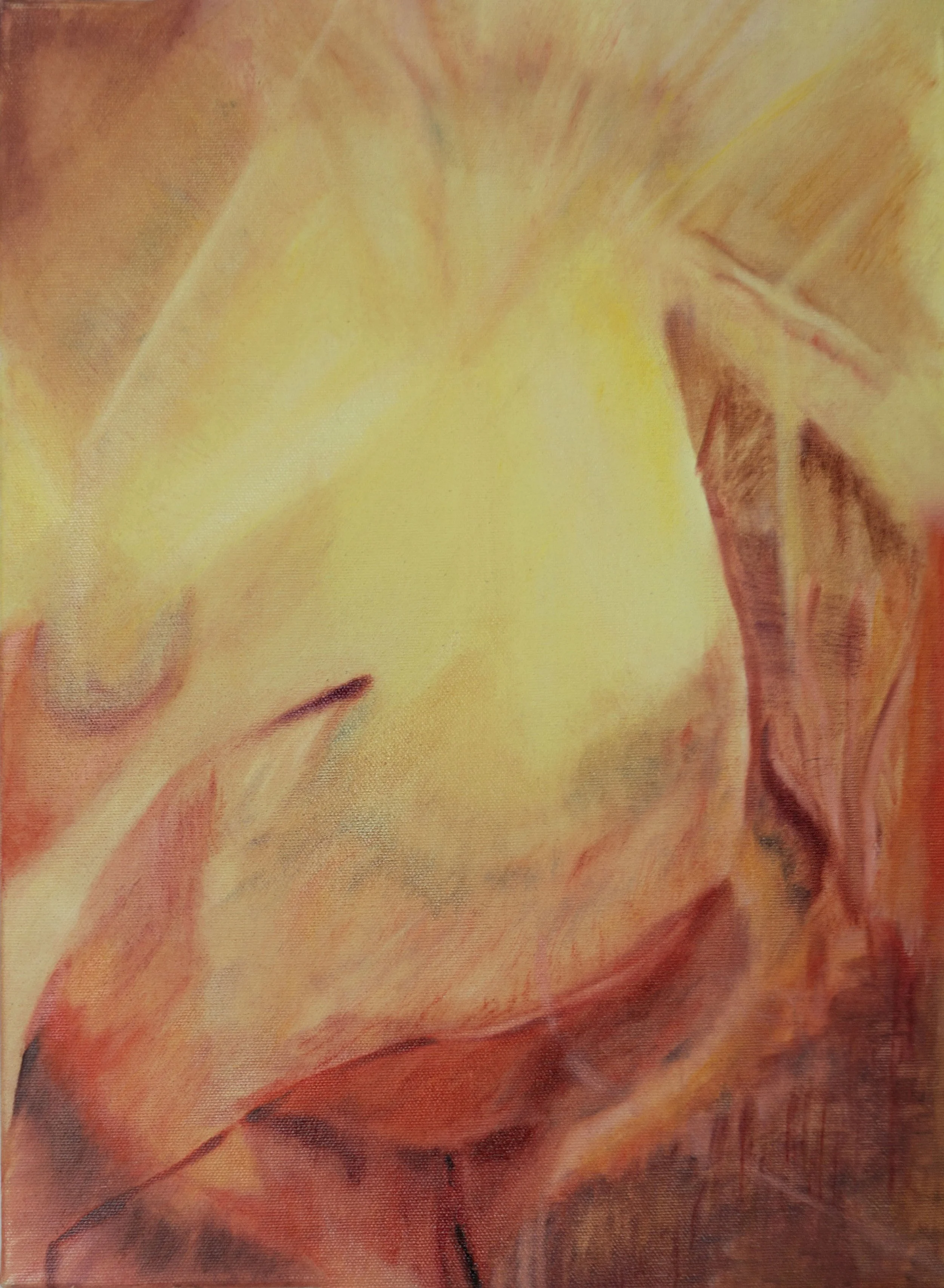  A tethered stone reminds you to float (2026). Oil on canvas, 12” x 16” 