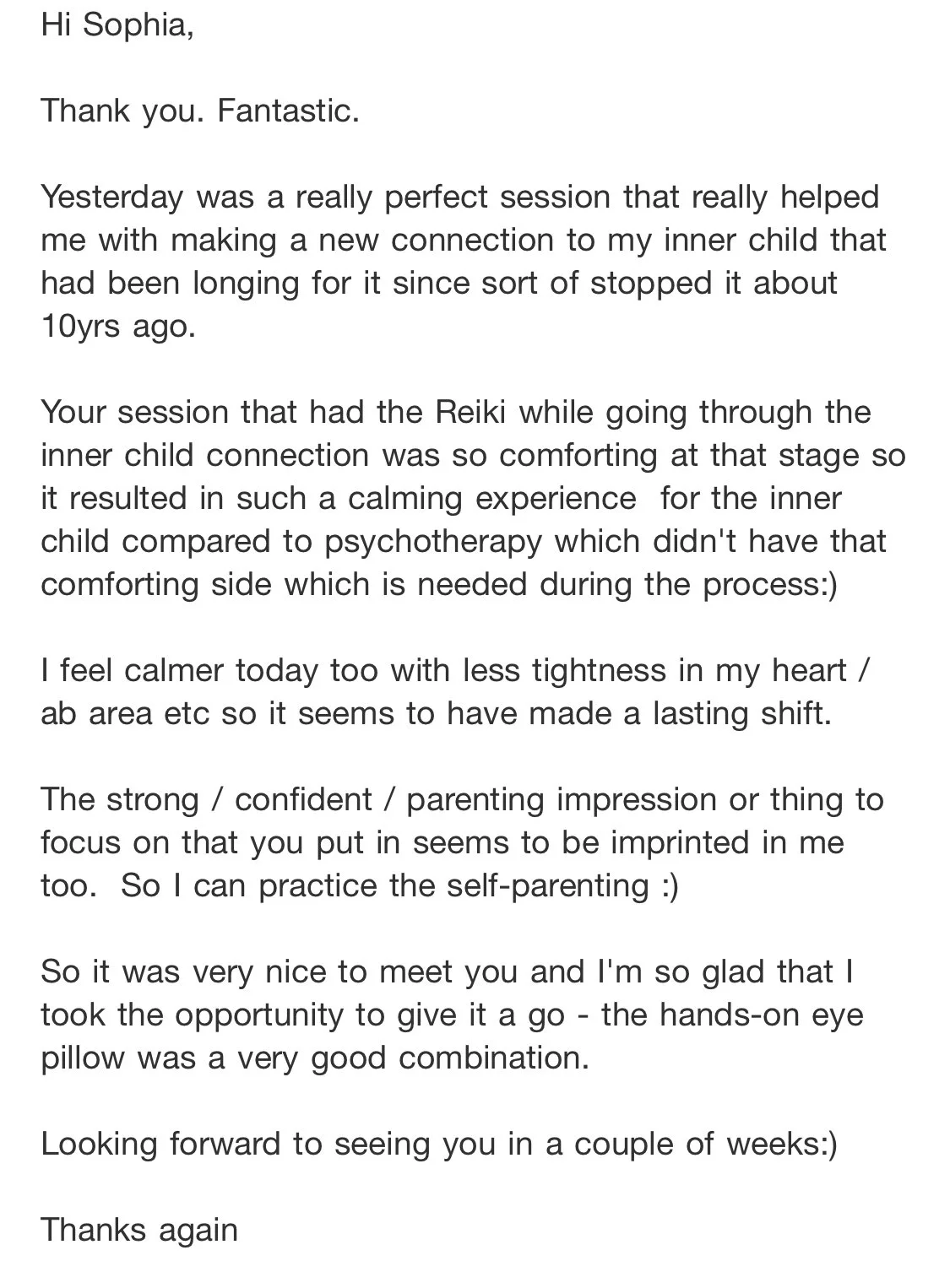 Screenshot of a thank-you letter praising a Sophia Eveline for her inner child healing & Reiki, and feelings of calm and confidence.