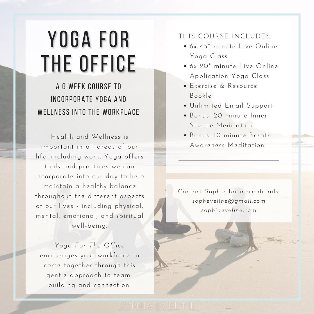 Is your business looking to run some health and wellness activities? Yoga For The Office is a great way to build relationships and keep each other accountable. 

I have designed a 6-week online yoga course for businesses to introduce yoga and wellnes