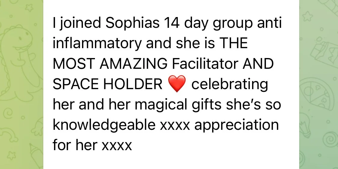 Text message expressing appreciation for Sophia's 14-day anti-inflammatory group, describing her as an amazing facilitator and space holder, and celebrating her magical gifts with a heart emoji.