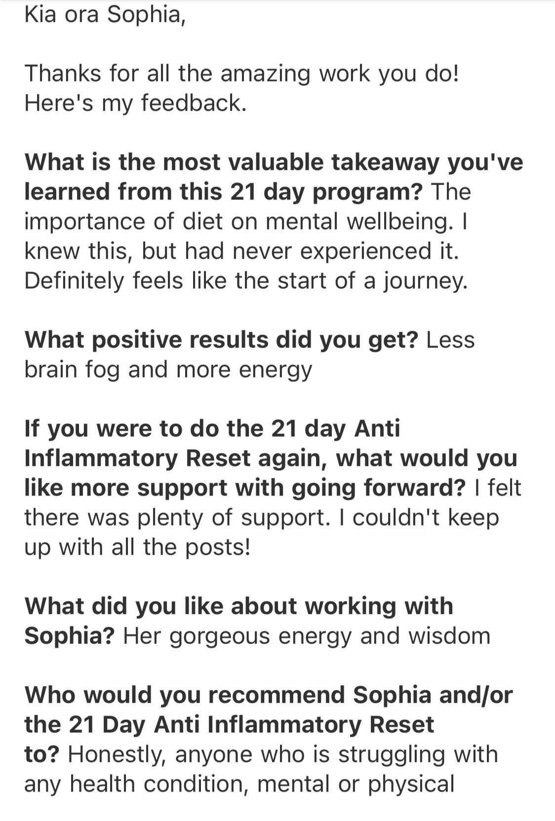 A printed feedback questionnaire or survey with questions about the 21-day anti inflammatory reset, including its benefits, support, and recommendations. The text discusses mental wellbeing, energy, and support for the Anti-Inflammatory Reset.