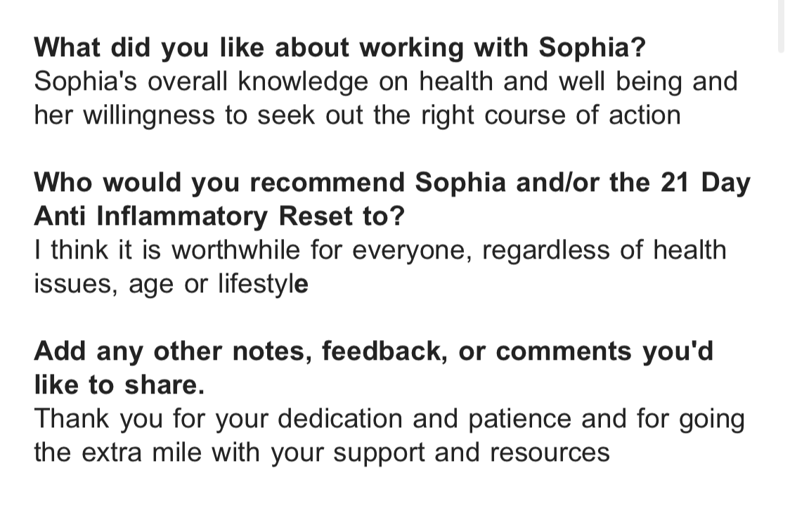 A feedback form with questions about working with Sophia, her knowledge on health, and recommendations for the 21 Day Anti Inflammatory Reset, including space for notes or comments.