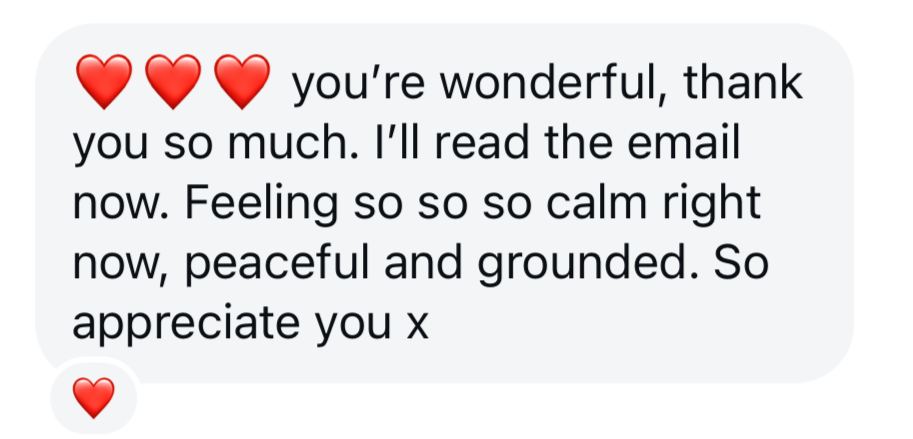 A screenshot of a text message for Sophia Eveline, a Reiki healer on the North Shore in Auckland with red heart emojis at the start and end, expressing gratitude and feeling peaceful.