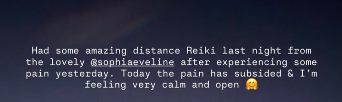 Text post on social media about experiencing Reiki, mentioning a person named @sophiaevline a Reiki healer on the North Shore in Auckland, feeling calm and open after the treatment, with a smiling emoji.