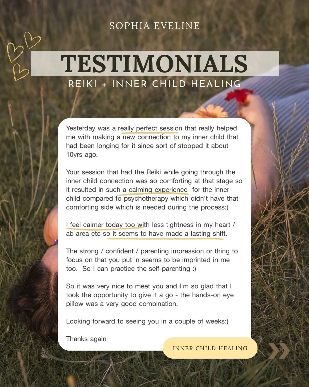 Recent love from clients 🥹💛✨

I am so grateful to share the magic of healing on all levels. Every time I work with energy I am profoundly inspired and in awe by how much it can shift and uplift. It has changed my life personally and I can now see t