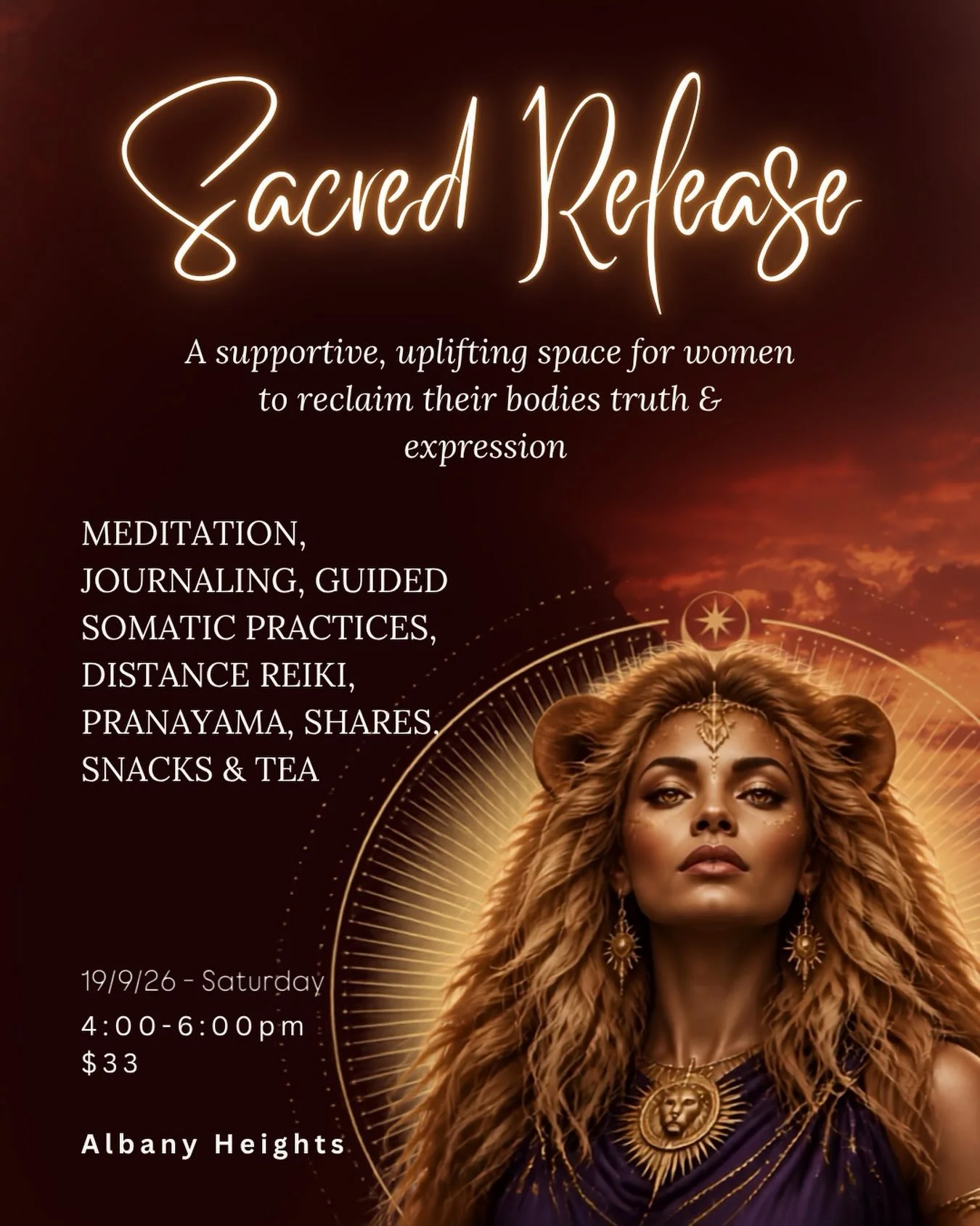 Beautiful women 😍 join me and an incredible group of women this Saturday afternoon for&hellip;

SACRED RELEASE 🦁🔥💃

This is going to be a beautiful, intimate space for women to reconnect with their body, voice, expression and truth, surrounded by