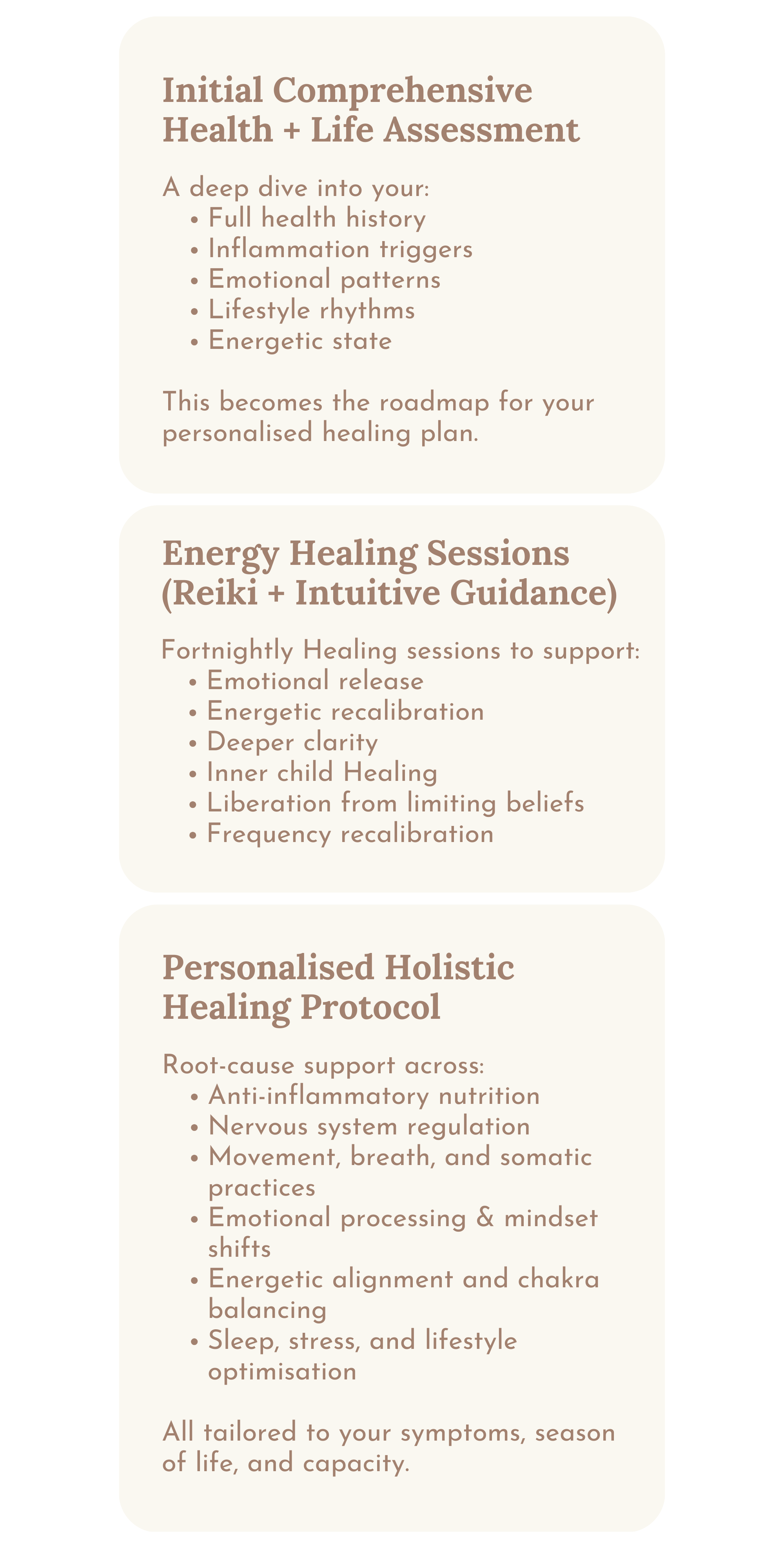 Information about health and healing services, including comprehensive health and life assessment, energy healing sessions, and personalized holistic healing protocol.
