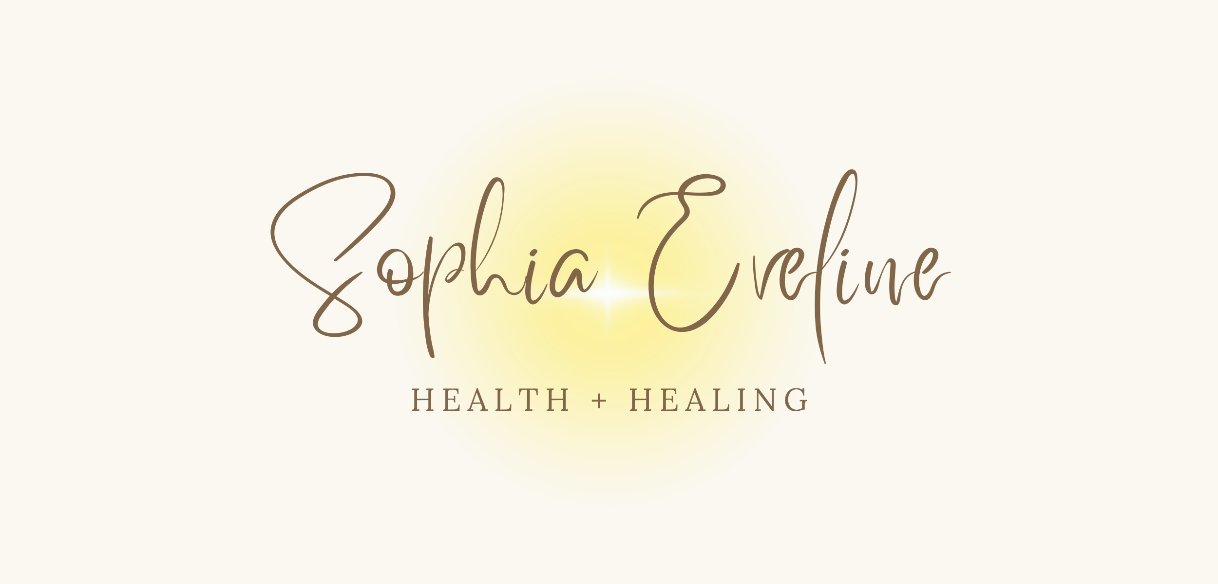 "Sophia Eveline Health + Healing" logo with elegant brown script font, soft yellow glow background.