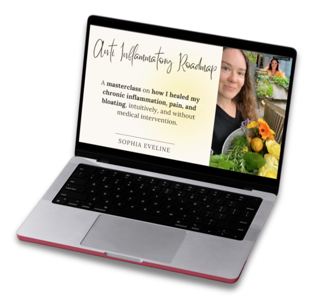 Laptop screen displaying a presentation slide titled 'Autoimmune Inflammatory Roadmap' with a subtitle about healing chronic inflammation through a masterclass by Sophia Eveline, showing a woman with brown hair and a basket of flowers on a porch.