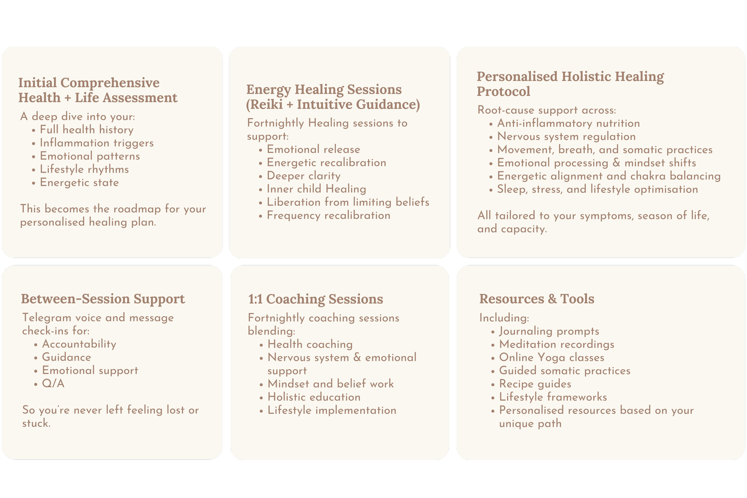 A digital graphic outlining holistic health and healing services, including initial health assessment, energy healing sessions, personalized healing protocols, between-session support via messaging, coaching sessions, and resources and tools such as journaling prompts, meditation recordings, online yoga classes, guided practices, recipes, and personalized resources.