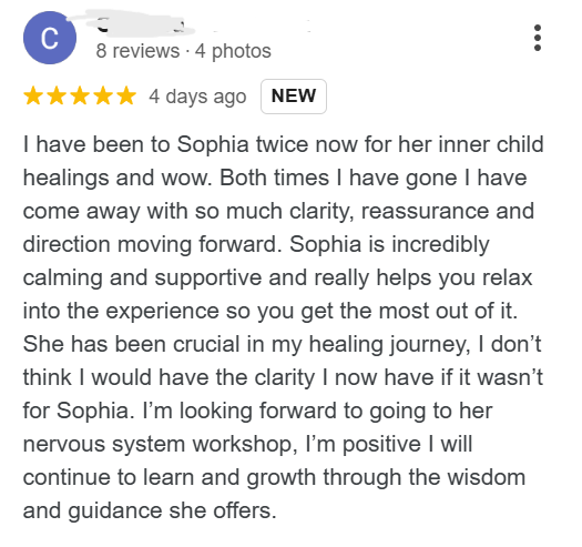 A five-star review for Sophia Eveline, praising her for providing clarity, reassurance, and support during inner child healing sessions. The reviewer shares their positive experiences and upcoming attendance at her nervous system workshop.