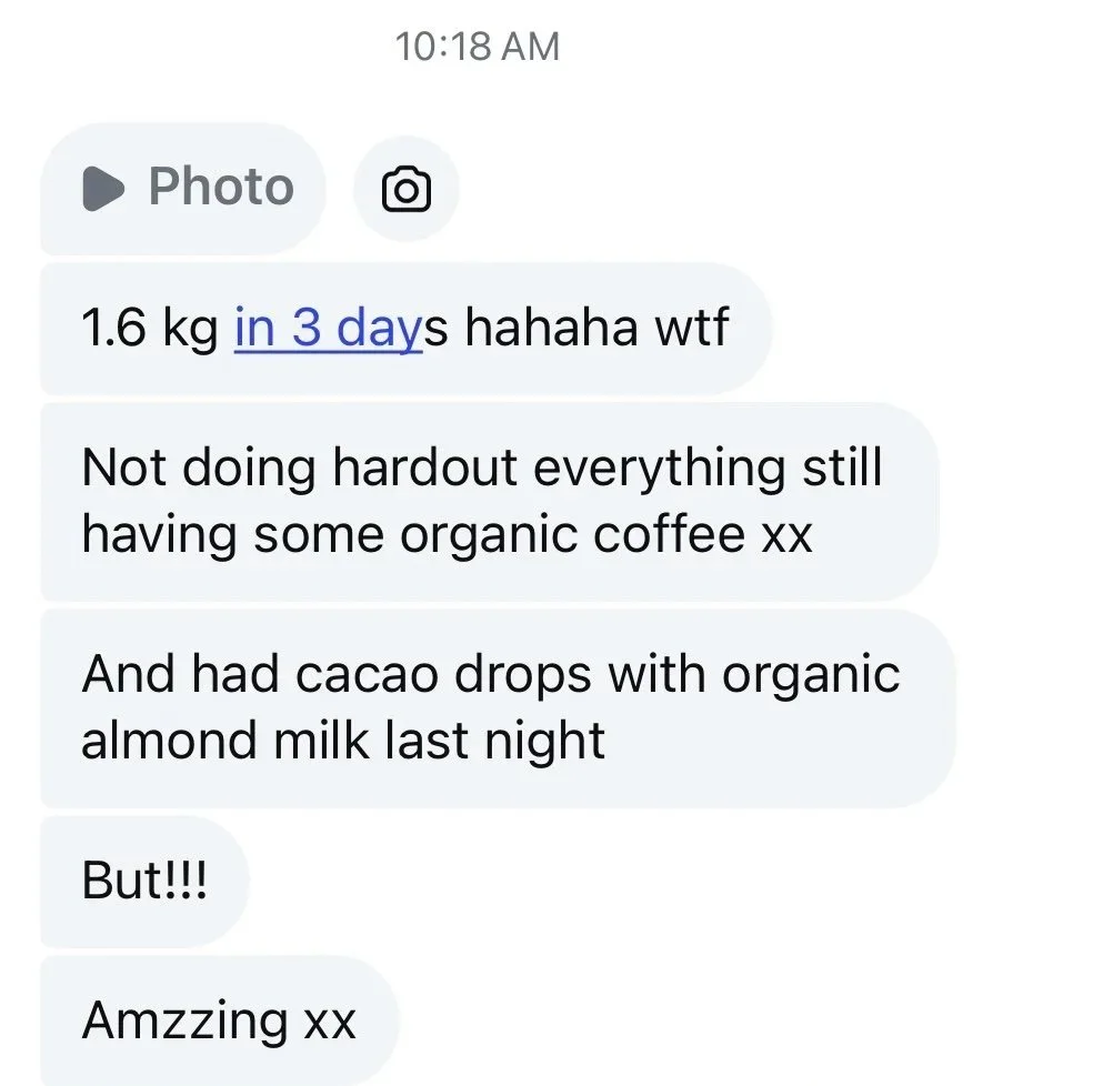 Text message thanking Sophia for her experience on the health + Healing activation, including weight loss