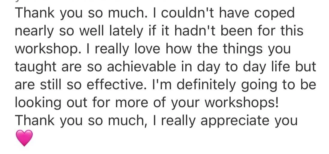 Screenshot of a message expressing gratitude for the Restore + Reiki workshop and appreciation for the teachings, ending with a pink heart emoji.