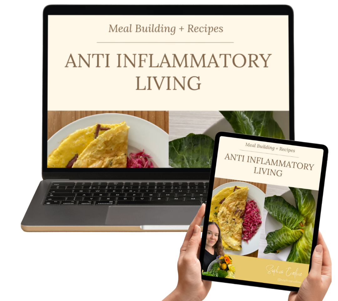 A laptop and a tablet displaying a presentation titled 'Anti Inflammatory Living' with images of a plate of food, leafy greens, and a woman holding flowers.