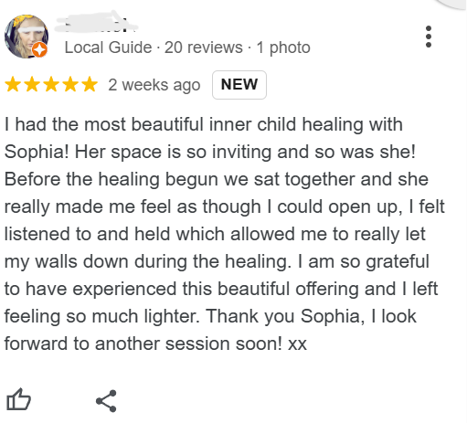 Screenshot of a positive customer review praising inner child healing with a person named Sophia.