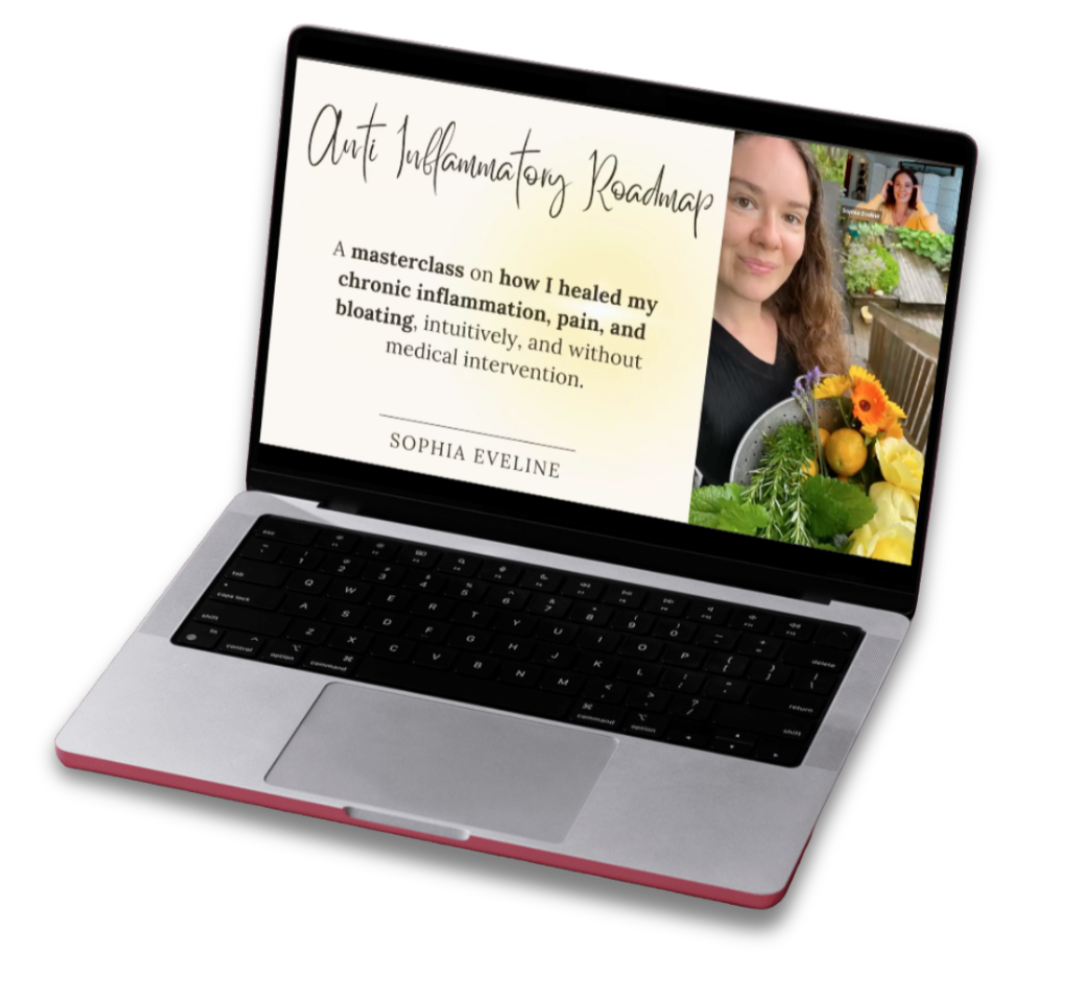 A laptop screen displaying a webinar titled 'Anti Inflammatory Roadmap' with a presenter and a woman holding a basket of flowers and vegetables.