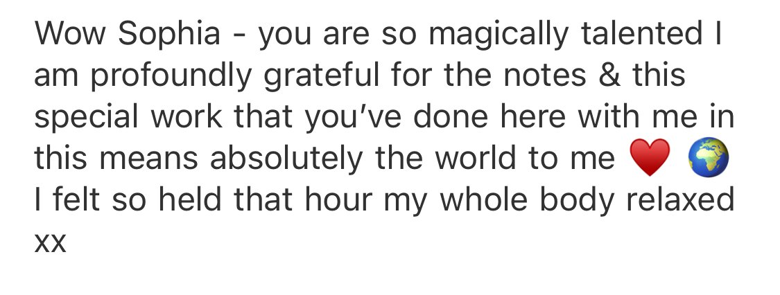 A message expressing gratitude to Sophia Eveline a health coach, yoga teacher and Reiki Energy Healer, praising her for her talent and work, with a heart and Earth emojis.
