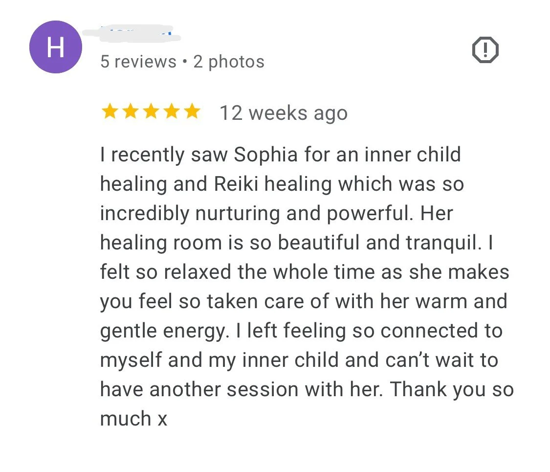 Screenshot of a positive online review for a healing service, mentioning inner child and Reiki healing, with a five-star rating, reviewer's note about their experience, and absence of additional images.