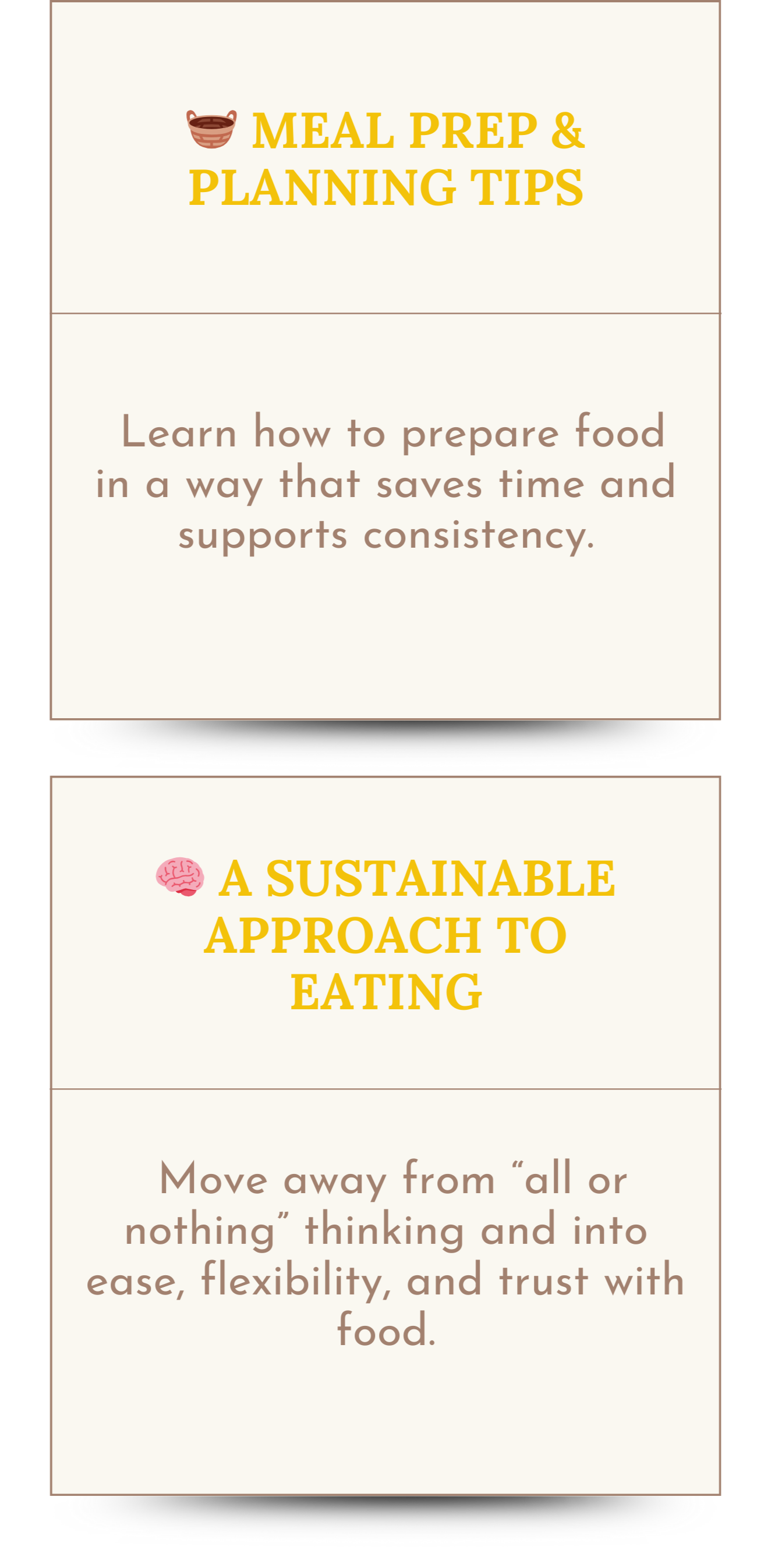 Slides with tips on meal prep and planning, featuring titles 'Meal Prep & Planning Tips' and 'A Sustainable Approach to Eating,' with icons of a bowl and a brain.