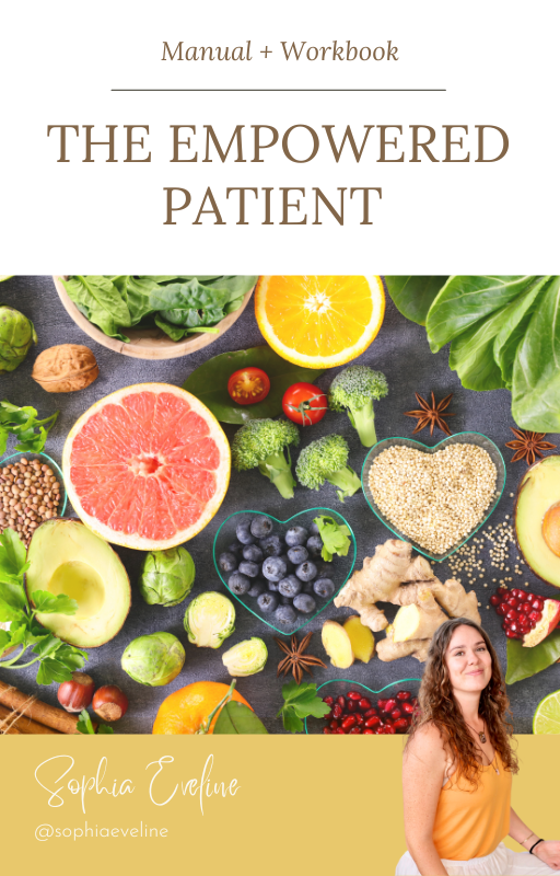 Cover of a manual and workbook titled 'The Empowered Patient' with various fresh fruits, vegetables, and herbs, and a woman smiling in the bottom right corner.