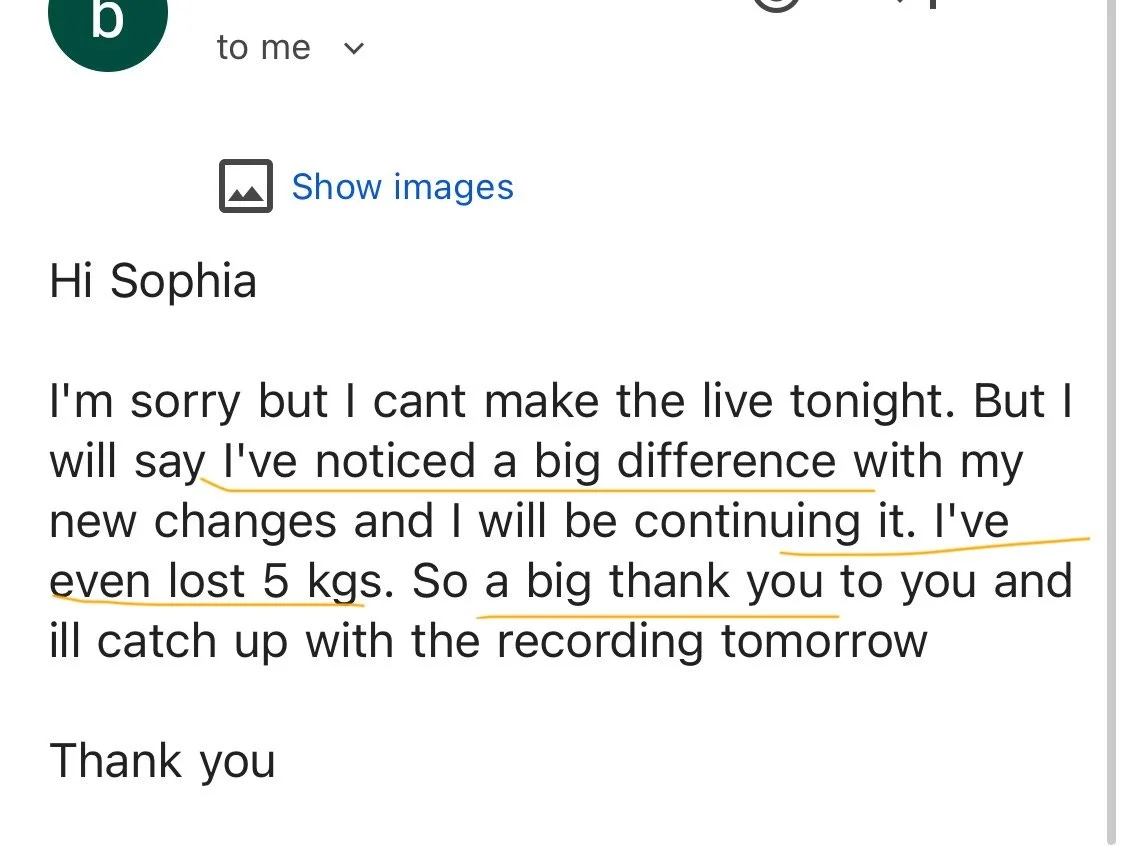 Screenshot of an email message expressing gratitude and discussing noticeable weight loss and lifestyle changes.