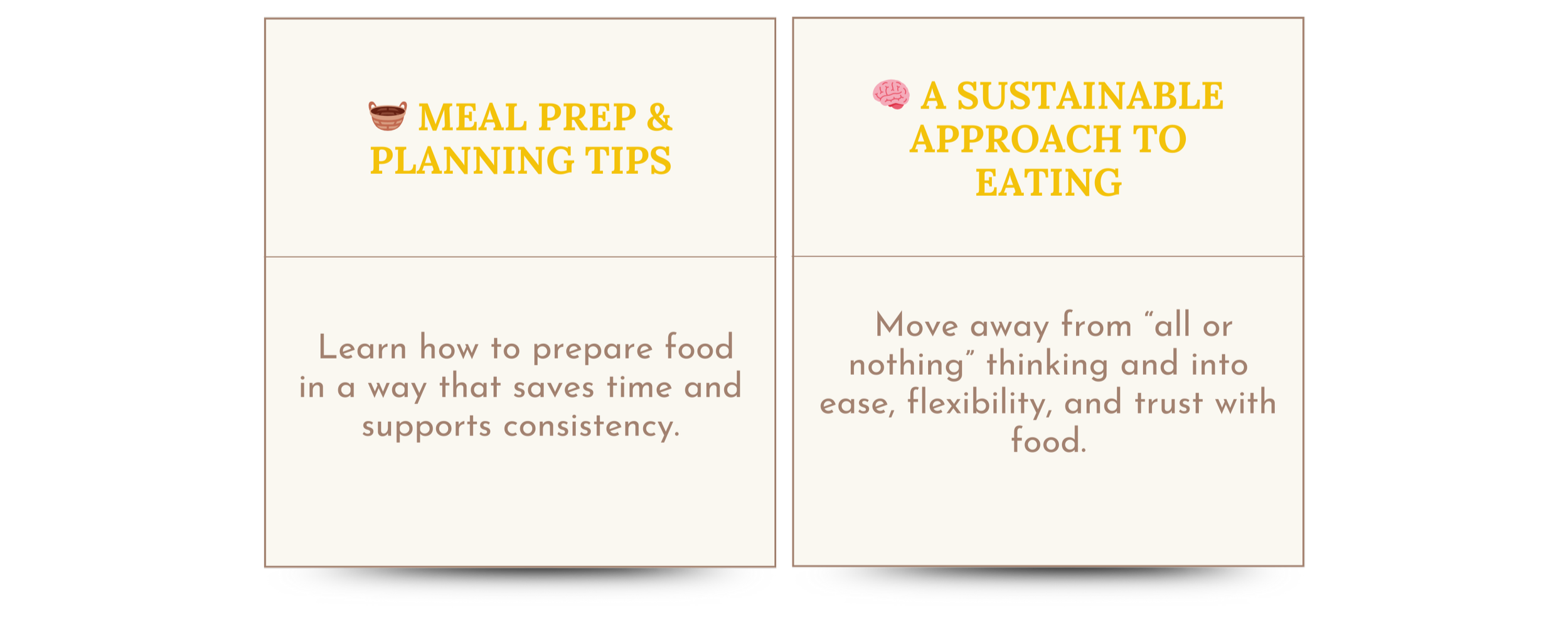 A presentation slide divided into two sections. The left section titled 'Meal Prep & Planning Tips' with a small bowl icon, containing text about preparing food efficiently. The right section titled 'A Sustainable Approach to Eating' with a small brain icon, emphasizing flexible and mindful eating habits.