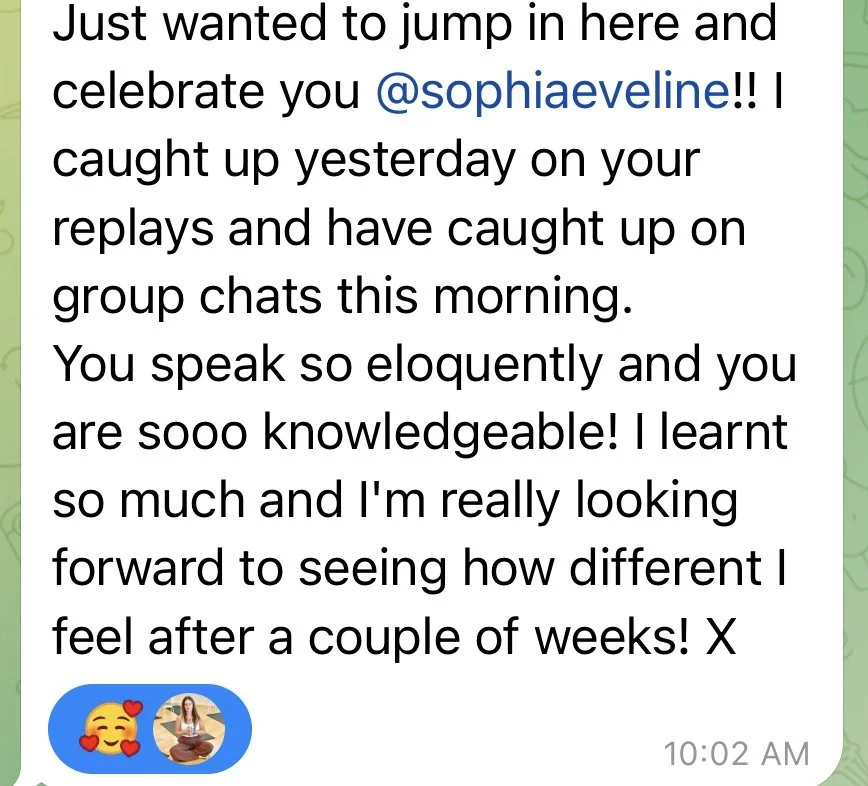 Message expressing admiration for someone's eloquence and knowledge, mentioning catching up on group chats, with two emojis: a smiling face with hearts and a person meditating.